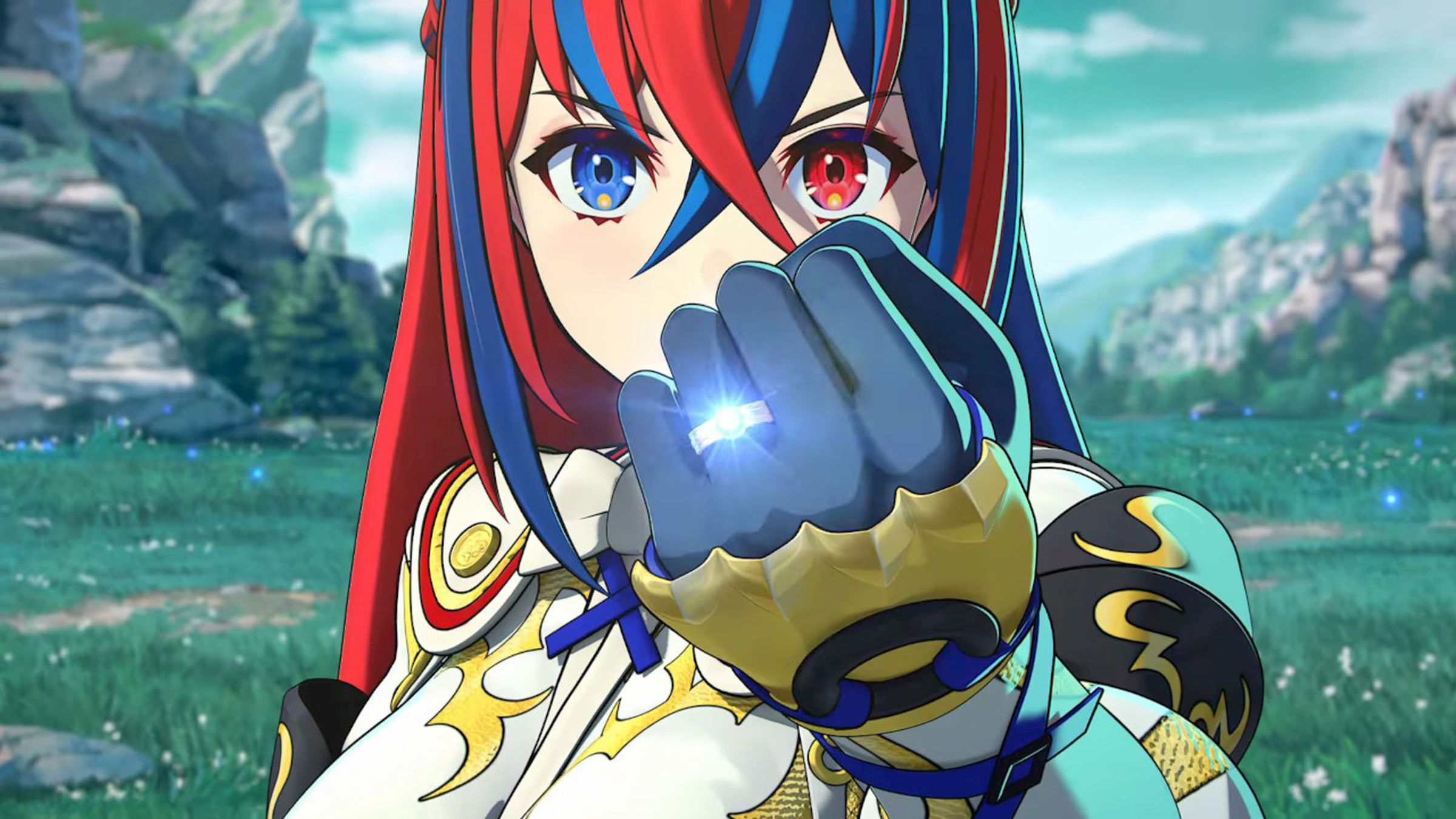 Screenshot from Fire Emblem Engage featuring the main character Alear, a person with red- and blue-colored hair and eyes holding up a clenched fist showing off their Engage ring.