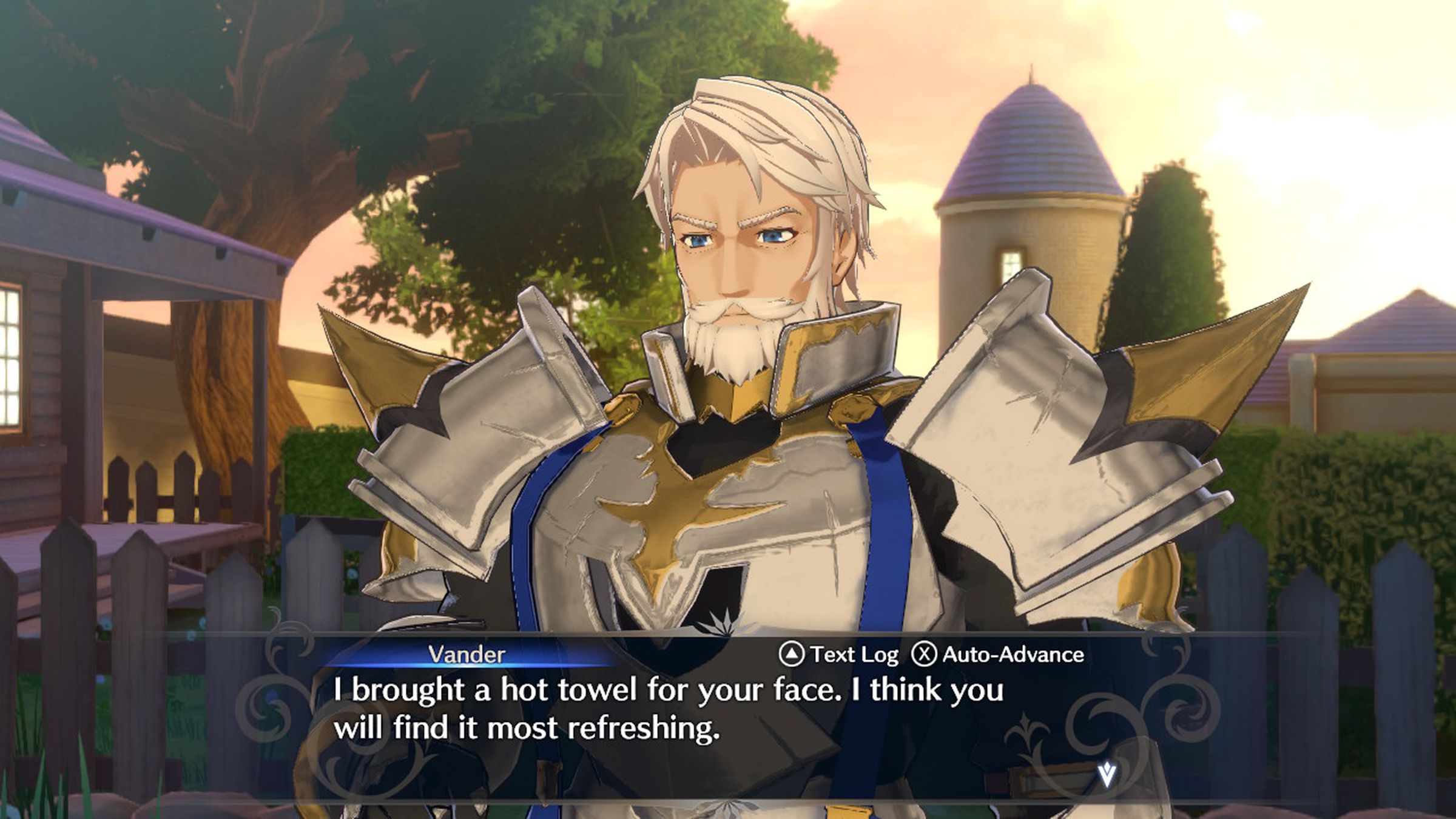 Screenshot from Fire Emblem Engage featuring the heavily armored character Vander speaking to the main character Alear