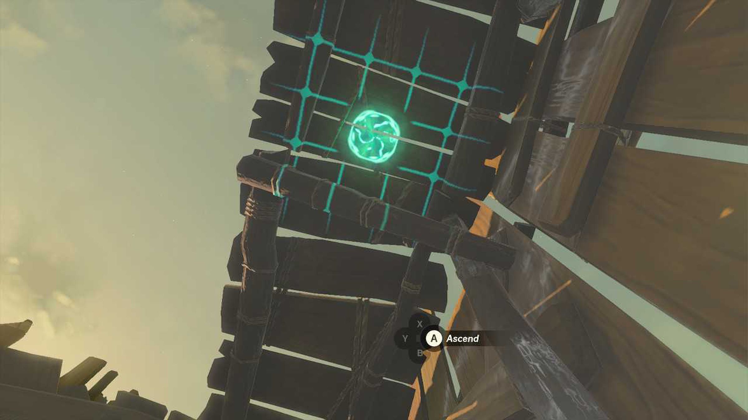 Screenshot from the Legend of Zelda: Tears of the Kingdom featuring Link activating his Ascend ability on a wooden plank surface.