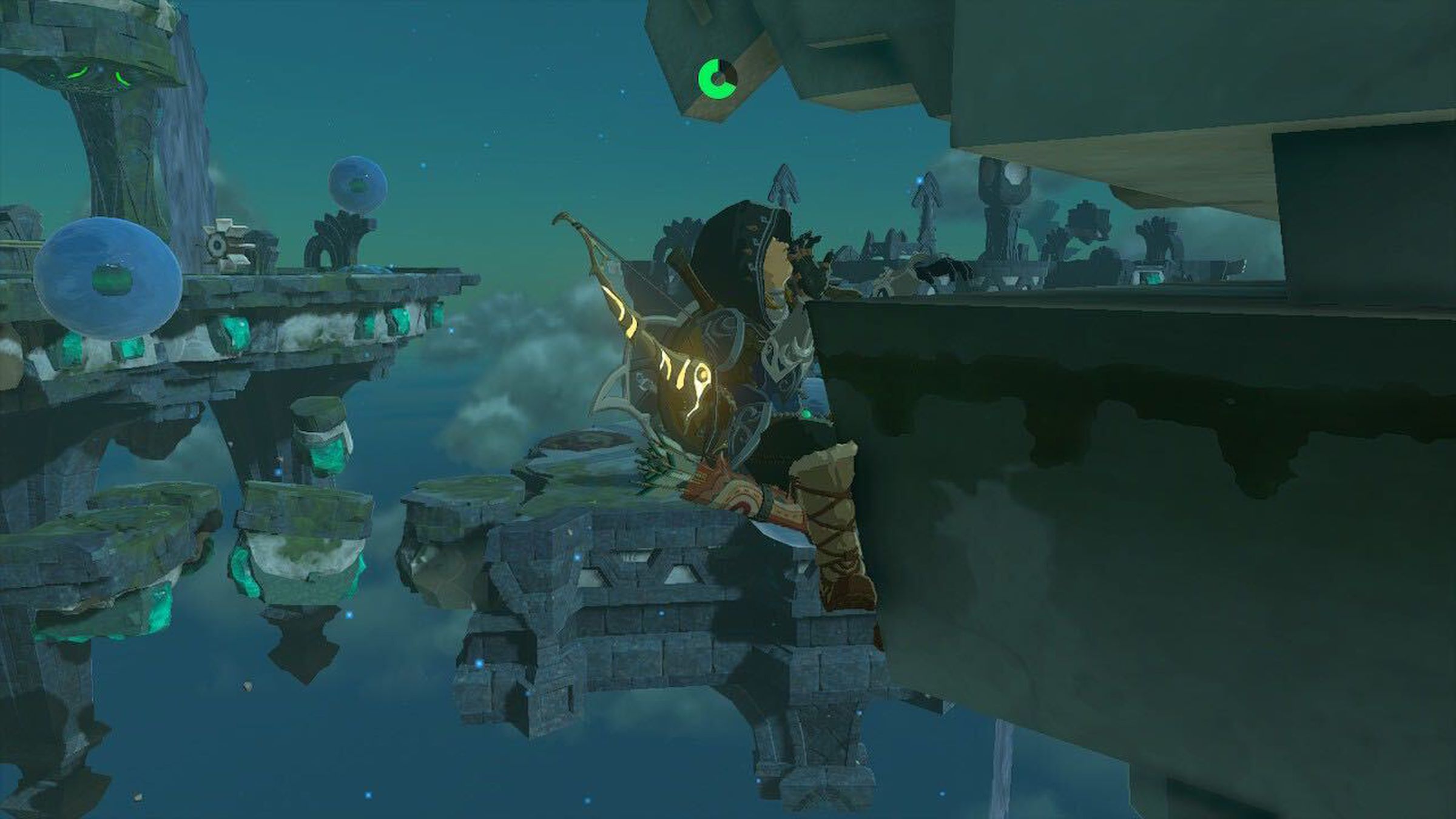 A hooded man with a bow and arrow strapped to his back clinging to a floating platform in the sky. Behind him are multiple massive floating platforms, and in the distance are clouds, indicating that all of this is very high in the sky.