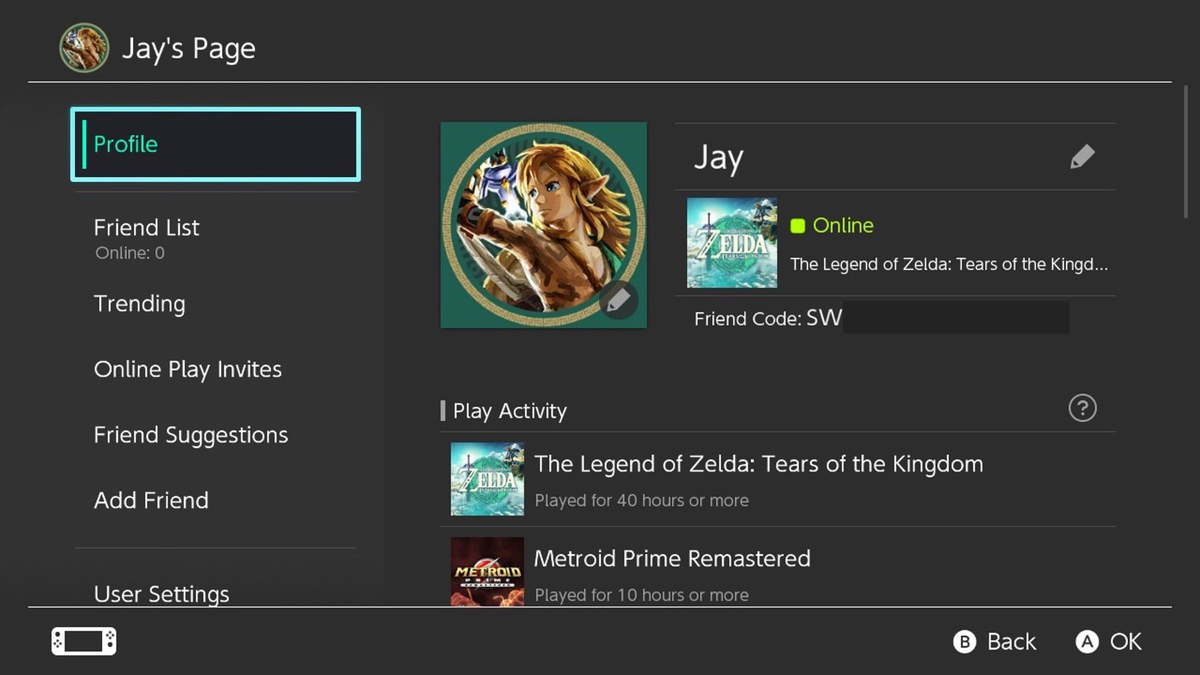 A screenshot of Jay Peters’ Nintendo Switch profile.