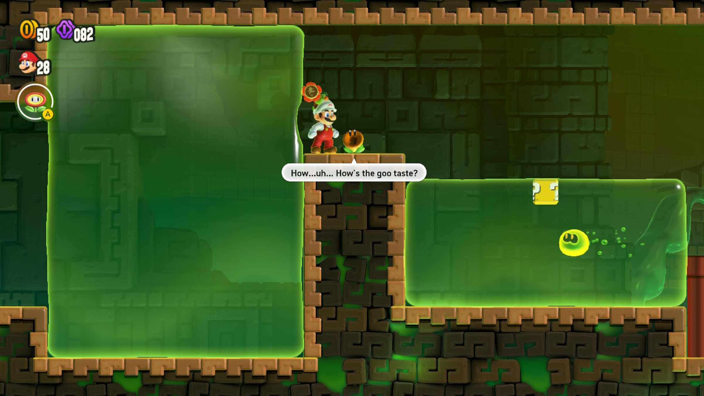 A screenshot from the video game Super Mario Bros. Wonder, in which Mario is talking to a flower while surrounded by green goo.