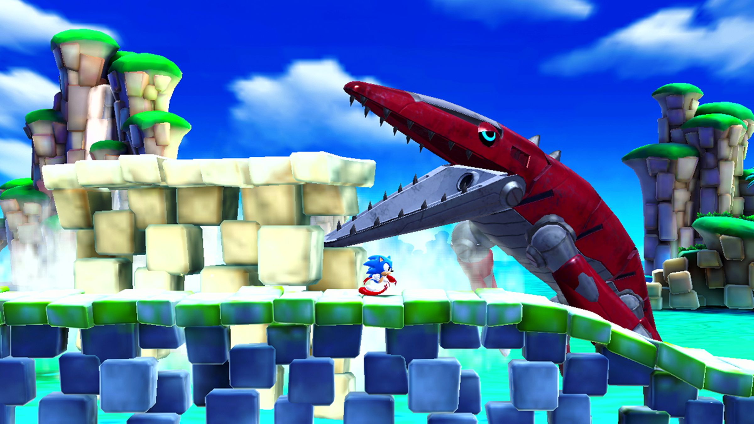 Screenshot from Sonic Superstars featuring Sonic running from a giant mechanical whale.