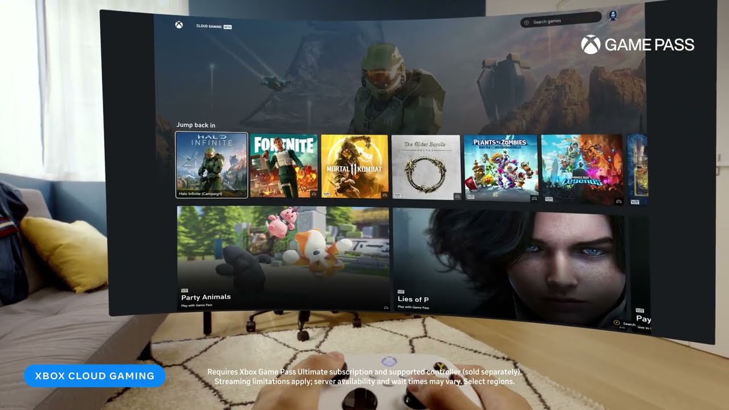 A screenshot of the Xbox Cloud Gaming app on Meta’s Quest headsets