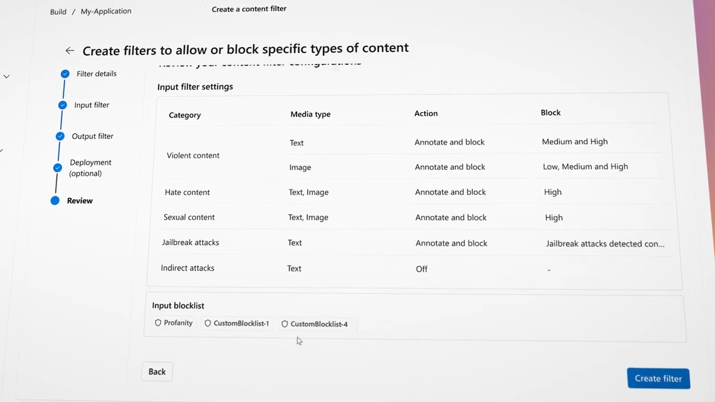 This is an example screenshot of content filter settings in the Azure AI Studio. These settings protect against prompt attacks or inappropriate content and decide what to do if something is flagged.