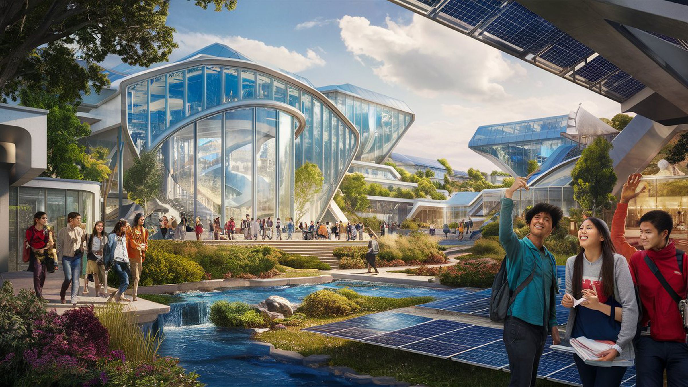 An illustration of a futuristic school with people walking around it.