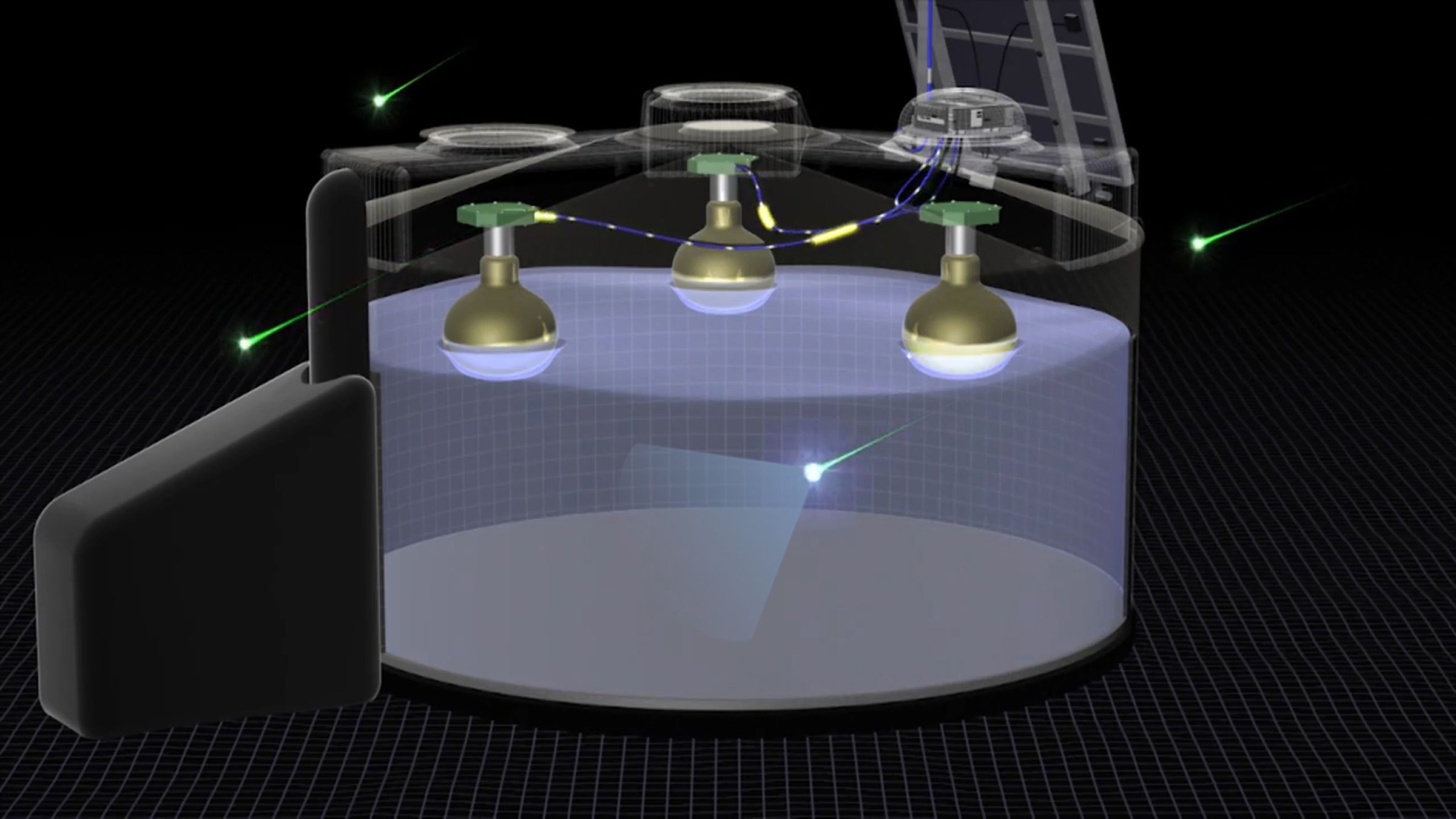 A rendering of how the Pierre Auger detectors measure light produced by air showers.