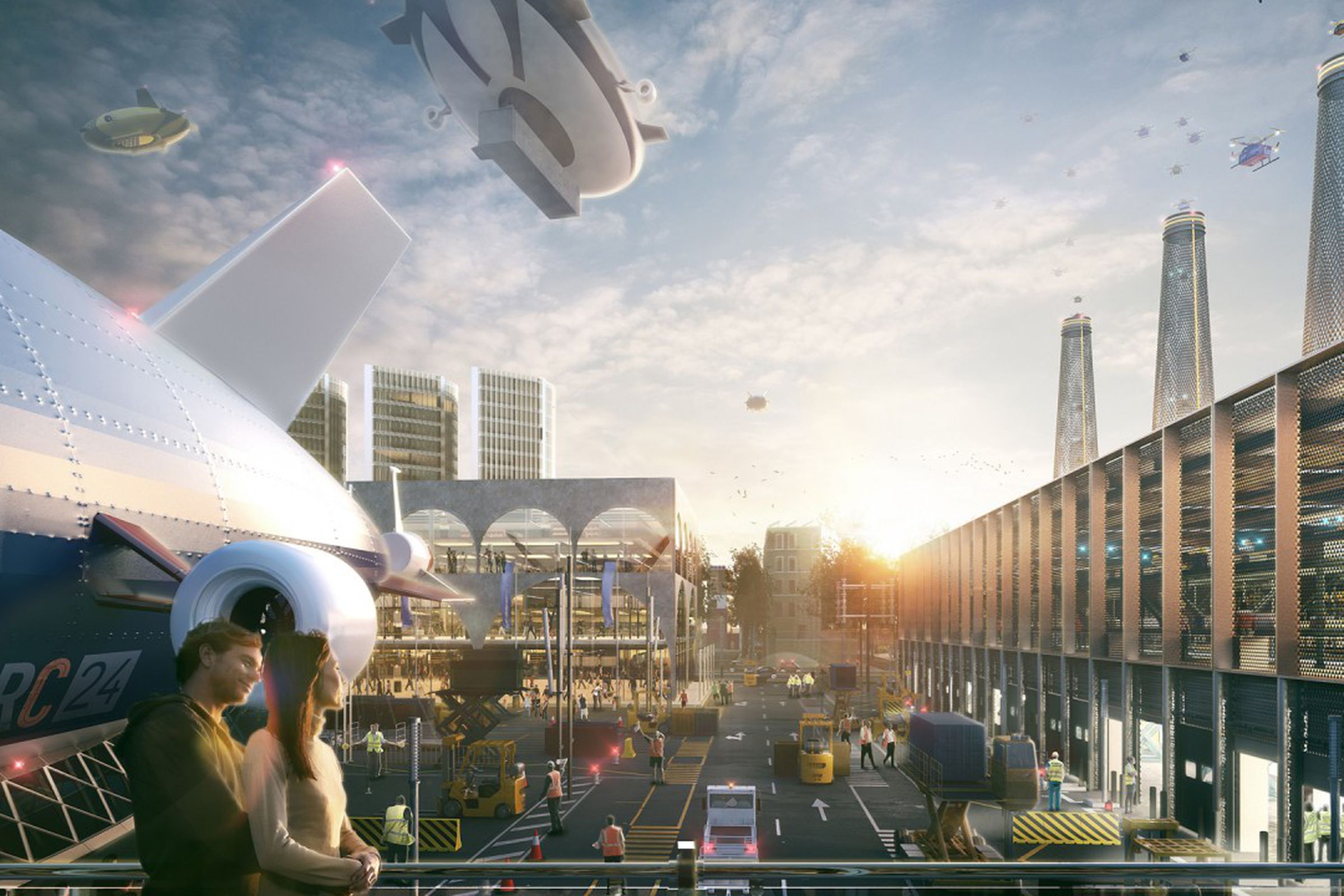 Concept art of a future Heathrow City and airship port