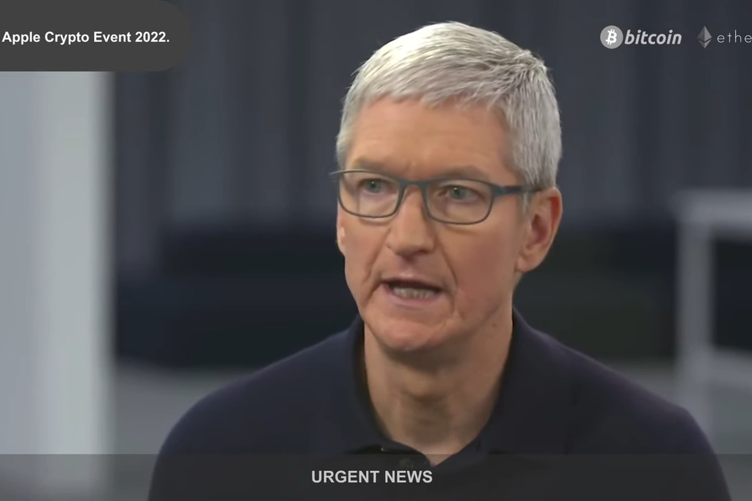 Tim Cook speaks in an interview. The logos for Bitcoin and Ethereum are in the top-right corner.