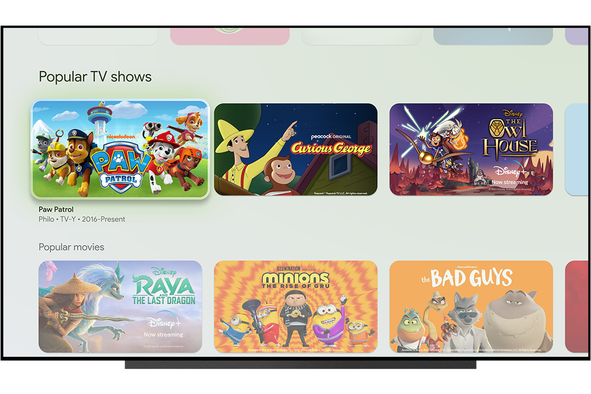 An image of the new Google TV kids profile home screen with content recommendations.