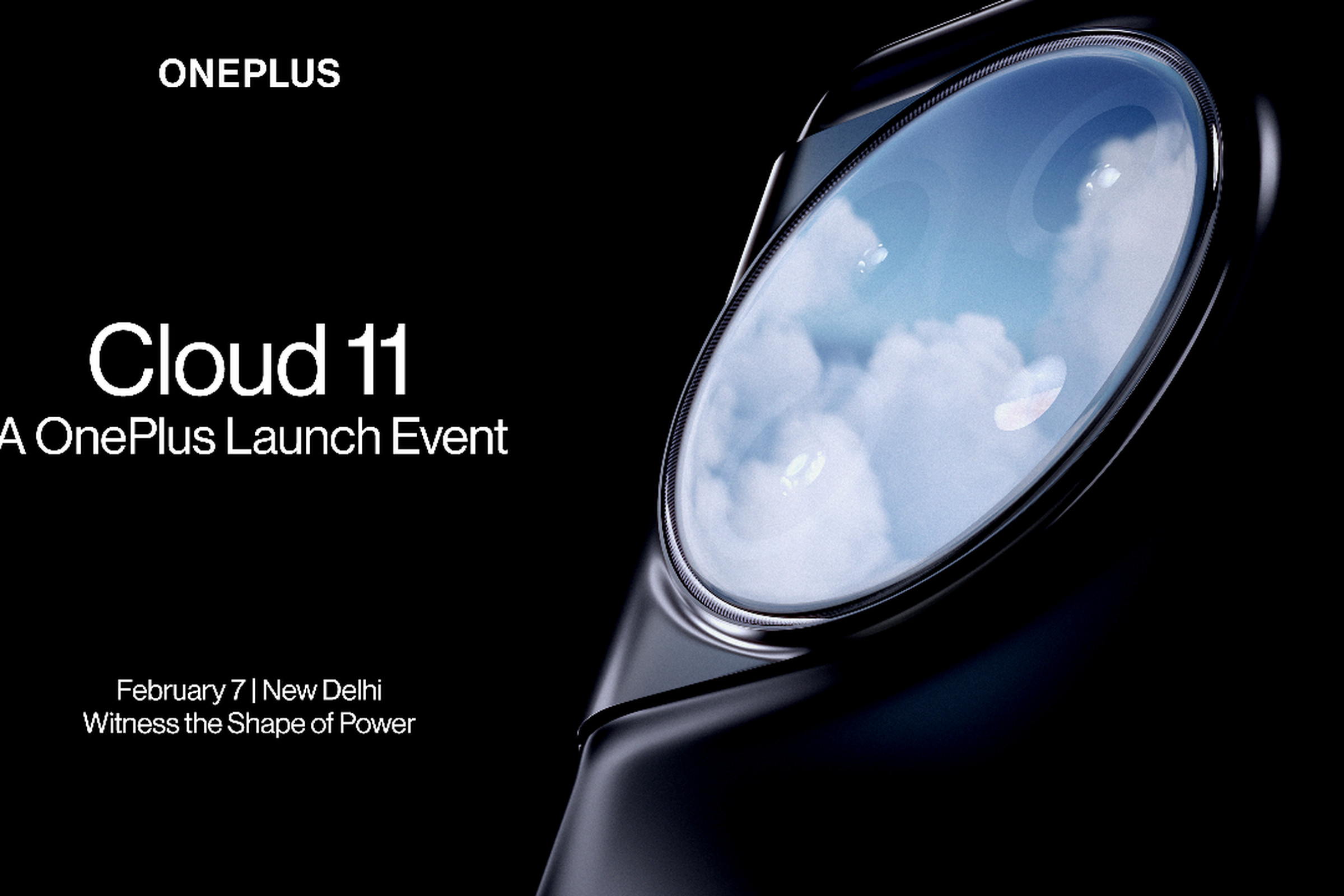 Teaser image for OnePlus 11 showing silhouette of phone with clouds reflected in a large, round camera bump.