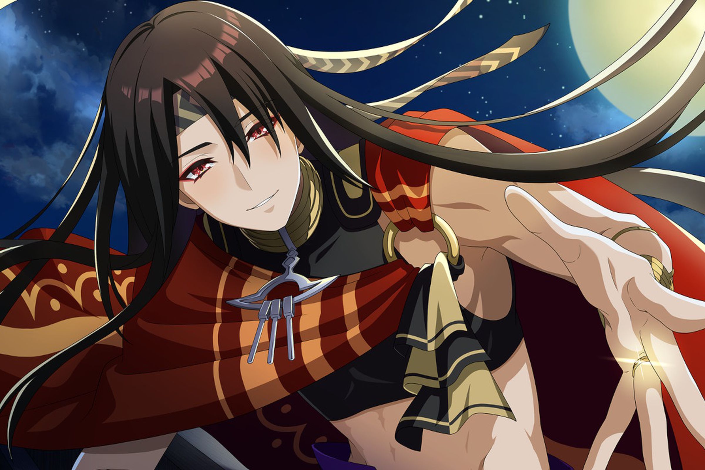 Screenshot from Fire Emblem Engage featuring a man with long black hair and flowy garments reaching out to the camera