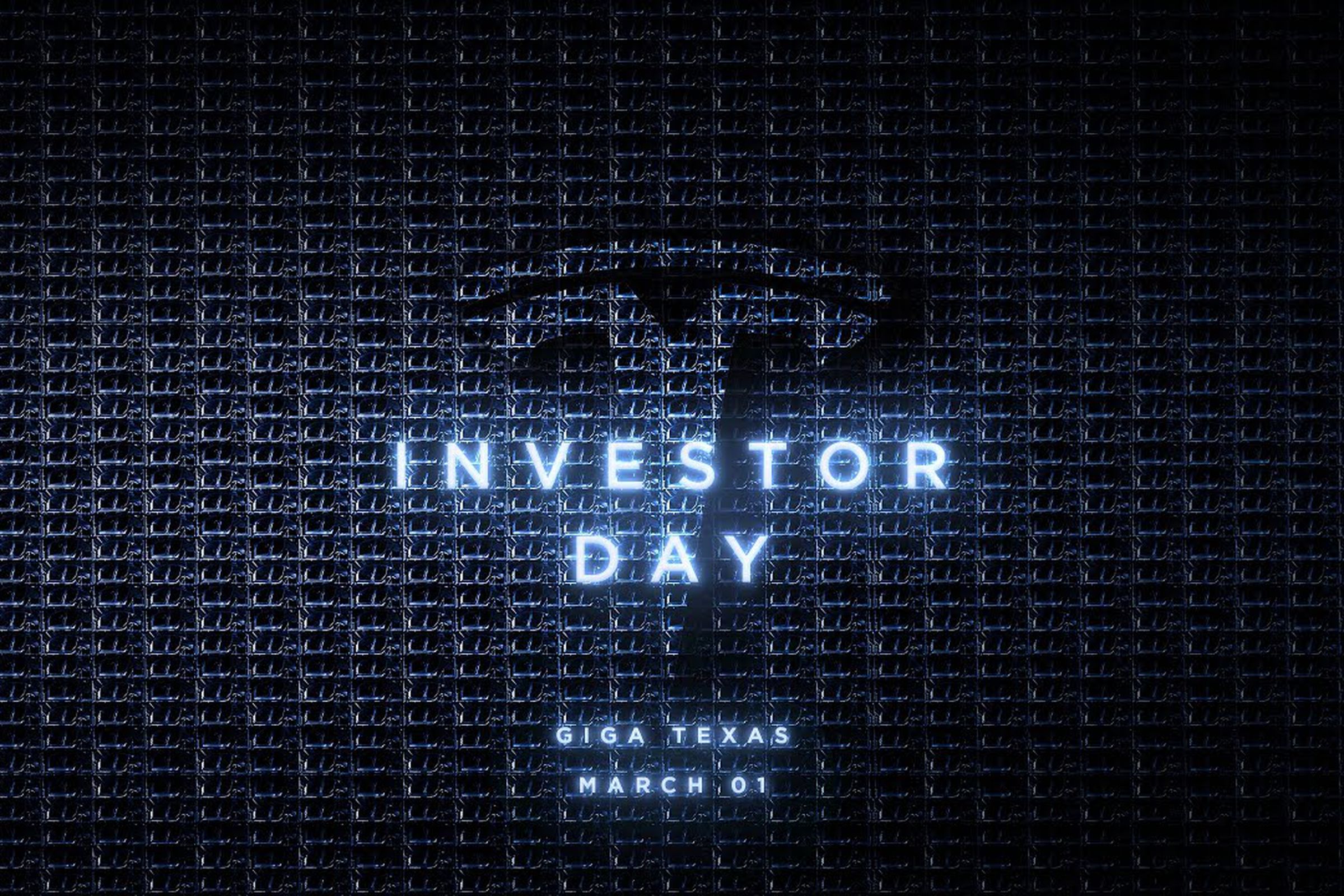 Tesla investor day splash image, say Giga Texas and March 01 date.