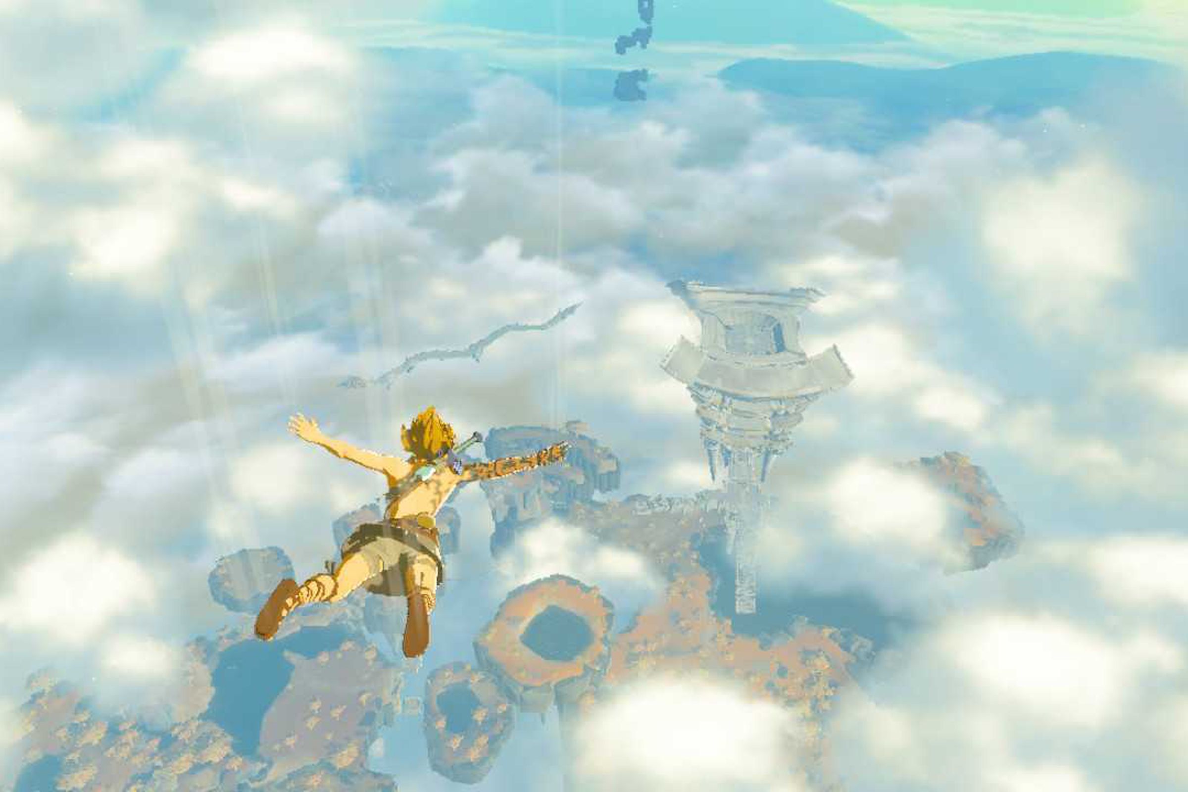 Screenshot from Tears of the Kingdom featuring Link, a blond-haired slight build man, falling through the sky as Hyrule unfolds below him.