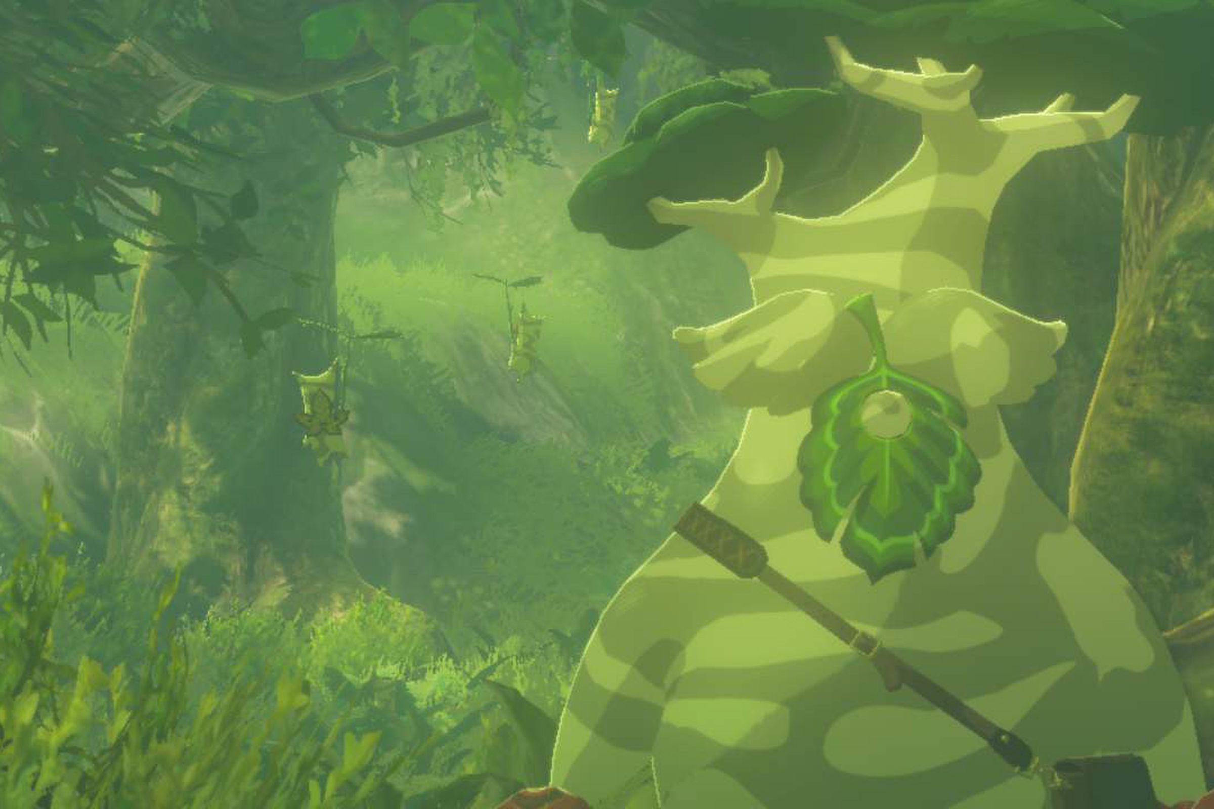 Screenshot from Tears of the Kingdom featuring Korok woodland spirit creatures that look like sentient trees and leaves 