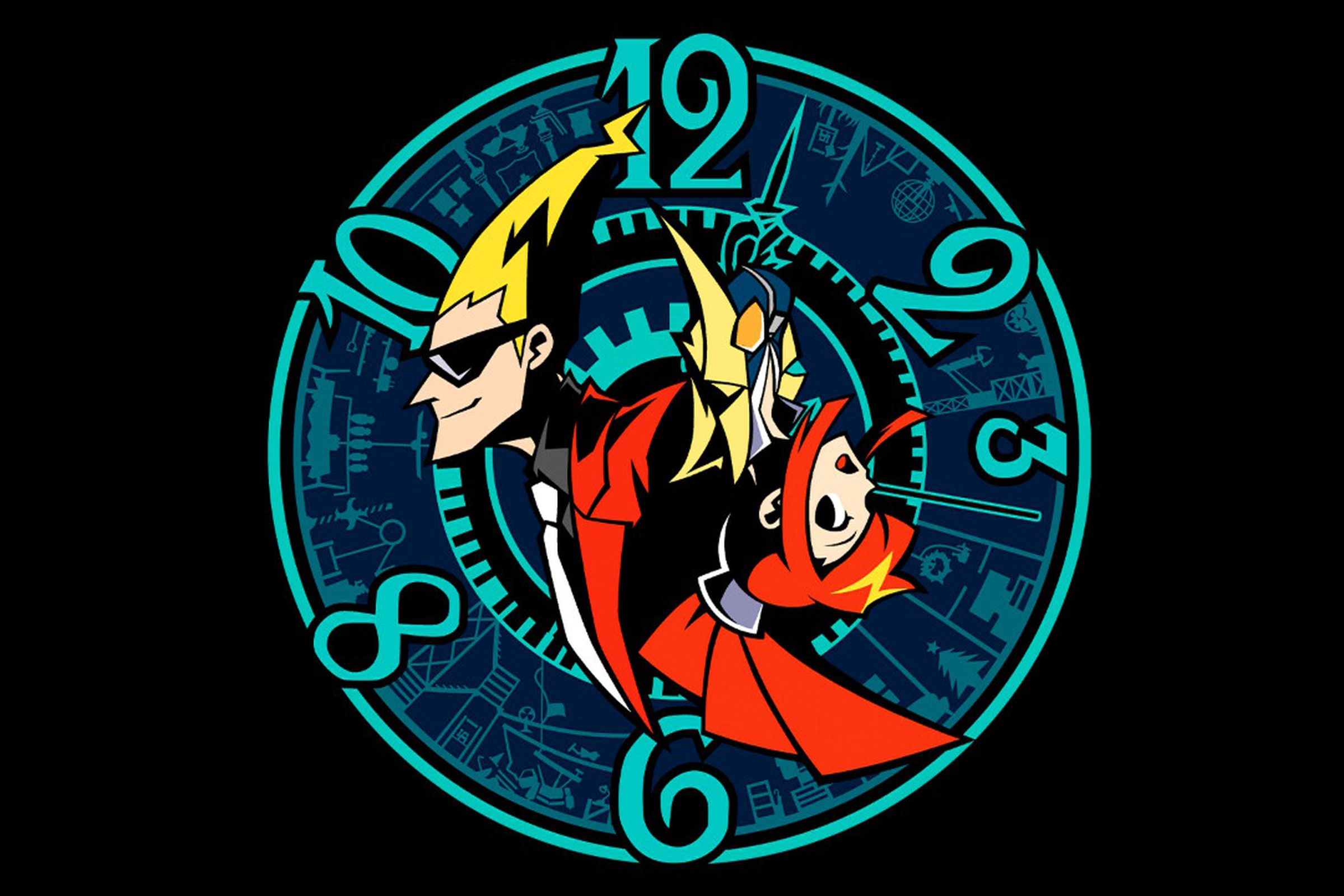 Key art from Ghost Trick: Phantom Detective featuring a graphic that includes the game’s two main characters: a male with very tall blonde hair, red suit and sunglasses, and a woman with bright red hair
