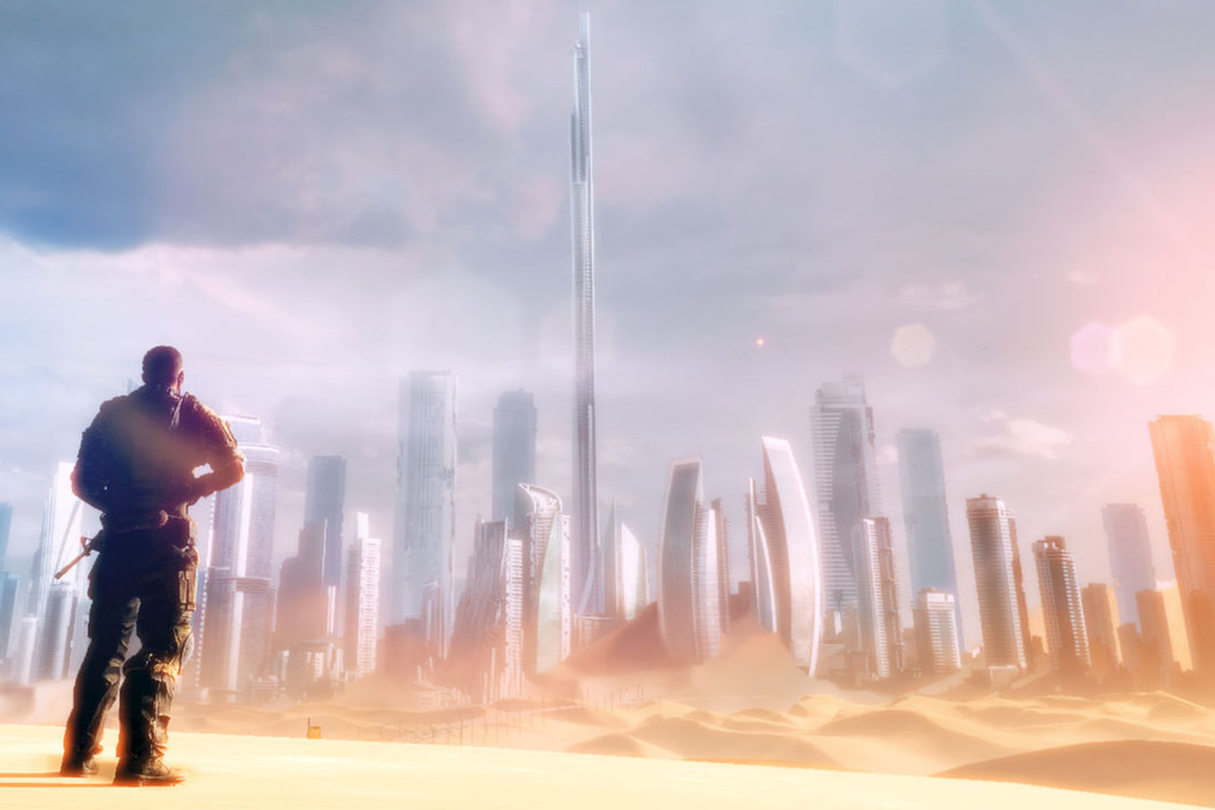 Screenshot from Spec Ops: The Line featuring the game’s protagonist in tactical gear wielding a rifle staring at a urban city covered by sand.