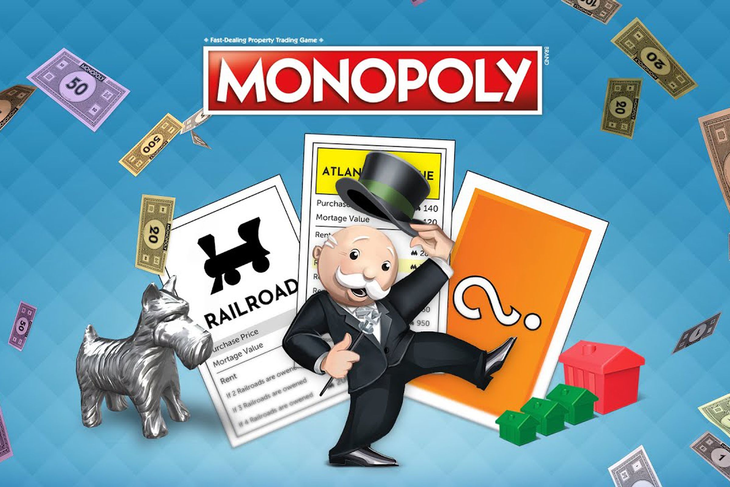 A cartoon illustration of a bald man in a tuxedo and top hat dancing in front of cards from the Monopoly board game.