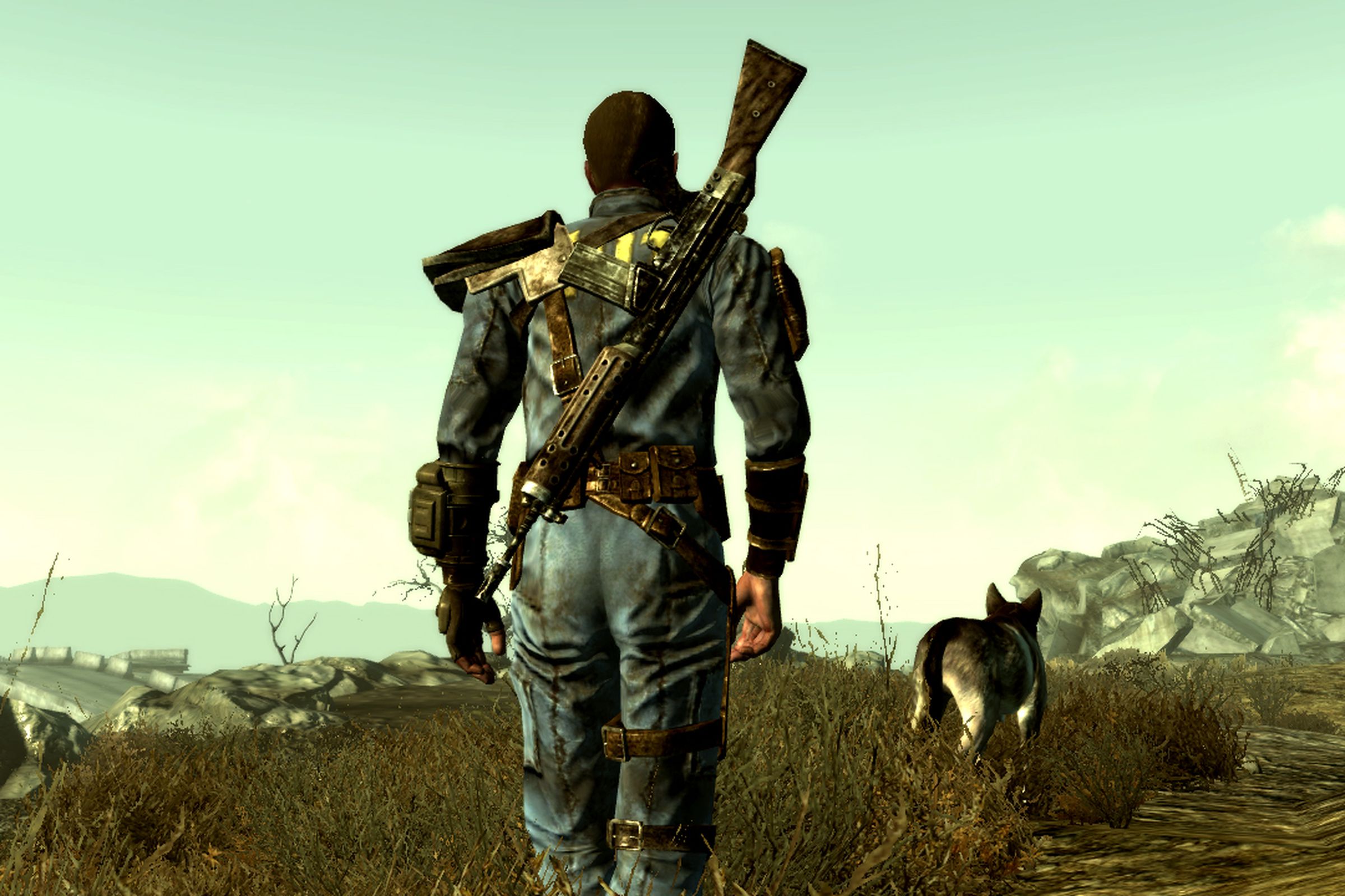 Screenshot from Fallout 3 featuring a behind-the-back shot of the Vault Dweller character as they walk through the wasteland.