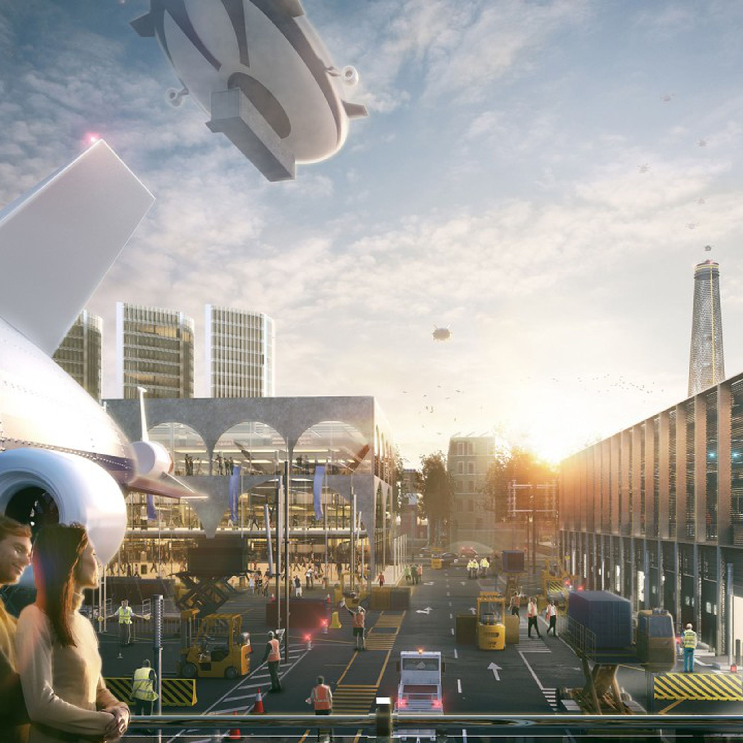 Concept art of a future Heathrow City and airship port