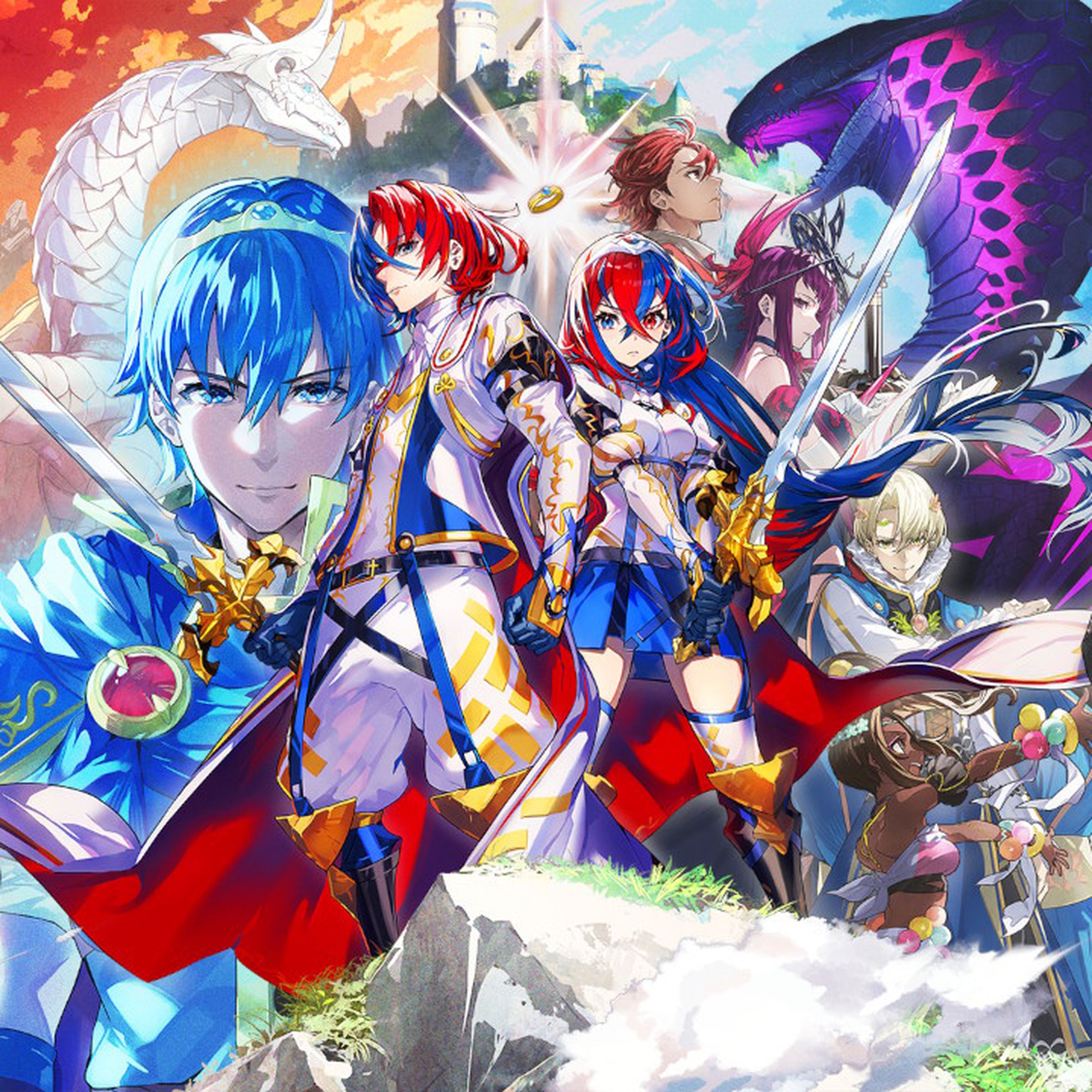 Key art from Fire Emblem Engage featuring a collage of the game’s characters as two white and black dragons fight in the background
