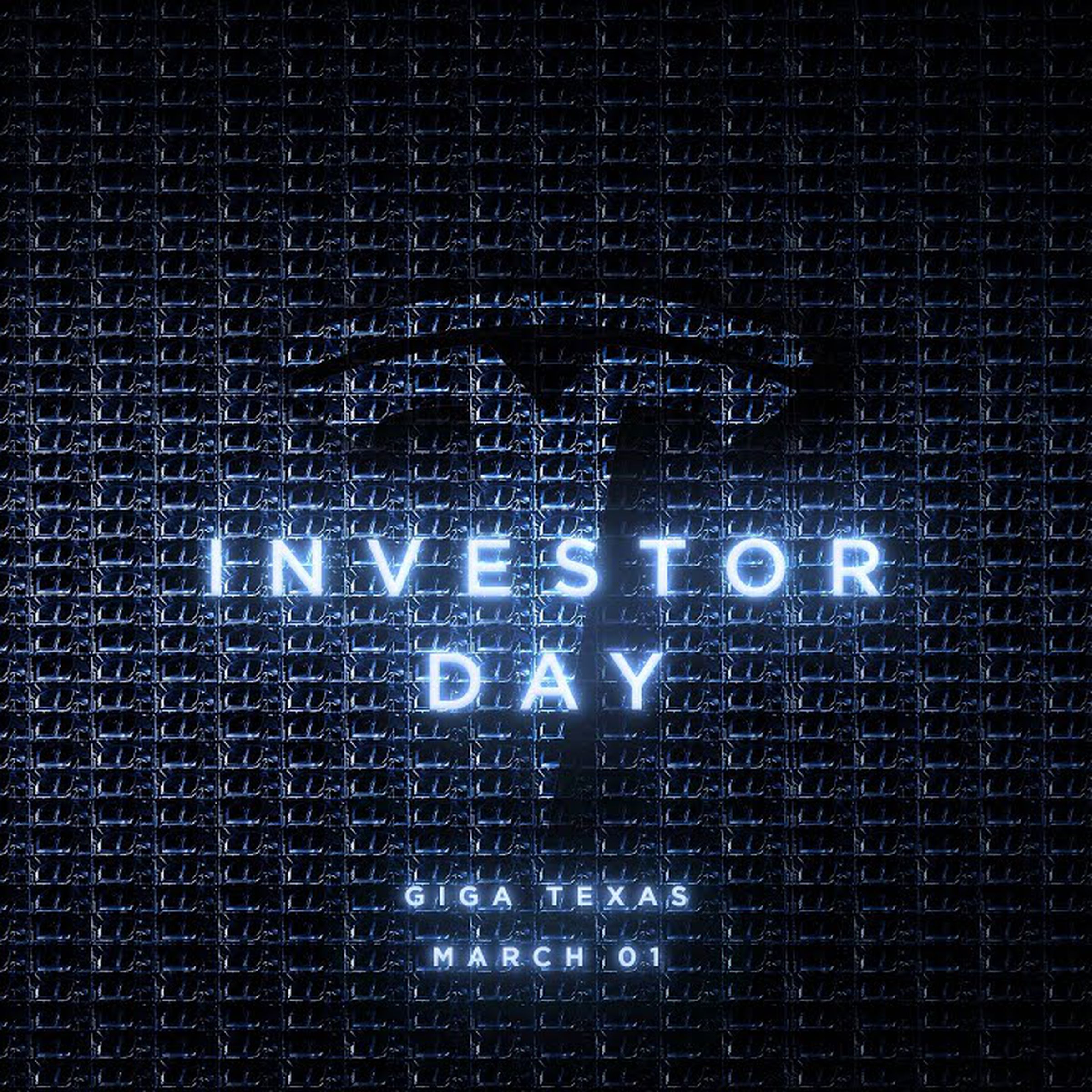 Tesla investor day splash image, say Giga Texas and March 01 date.