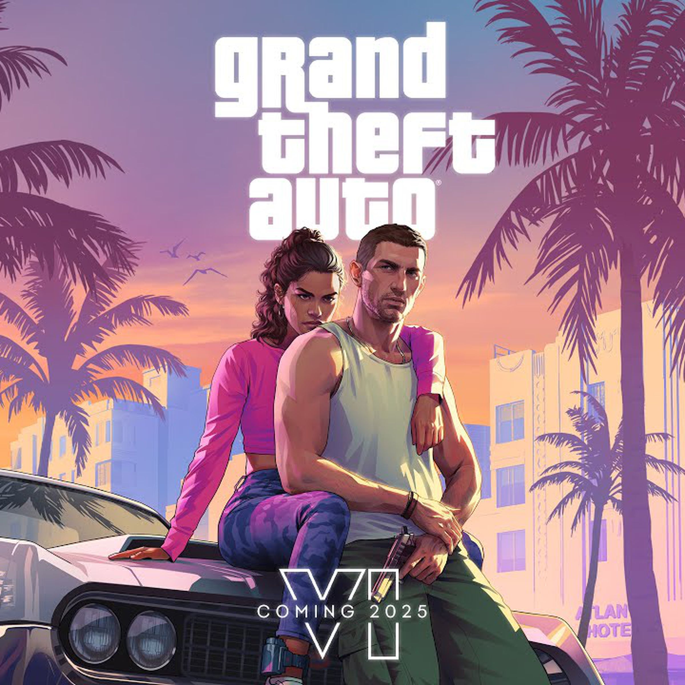 GTA VI artwork, showing the game’s protagonist and her boyfriend sitting on the hood of a muscle car with palm trees behind them.