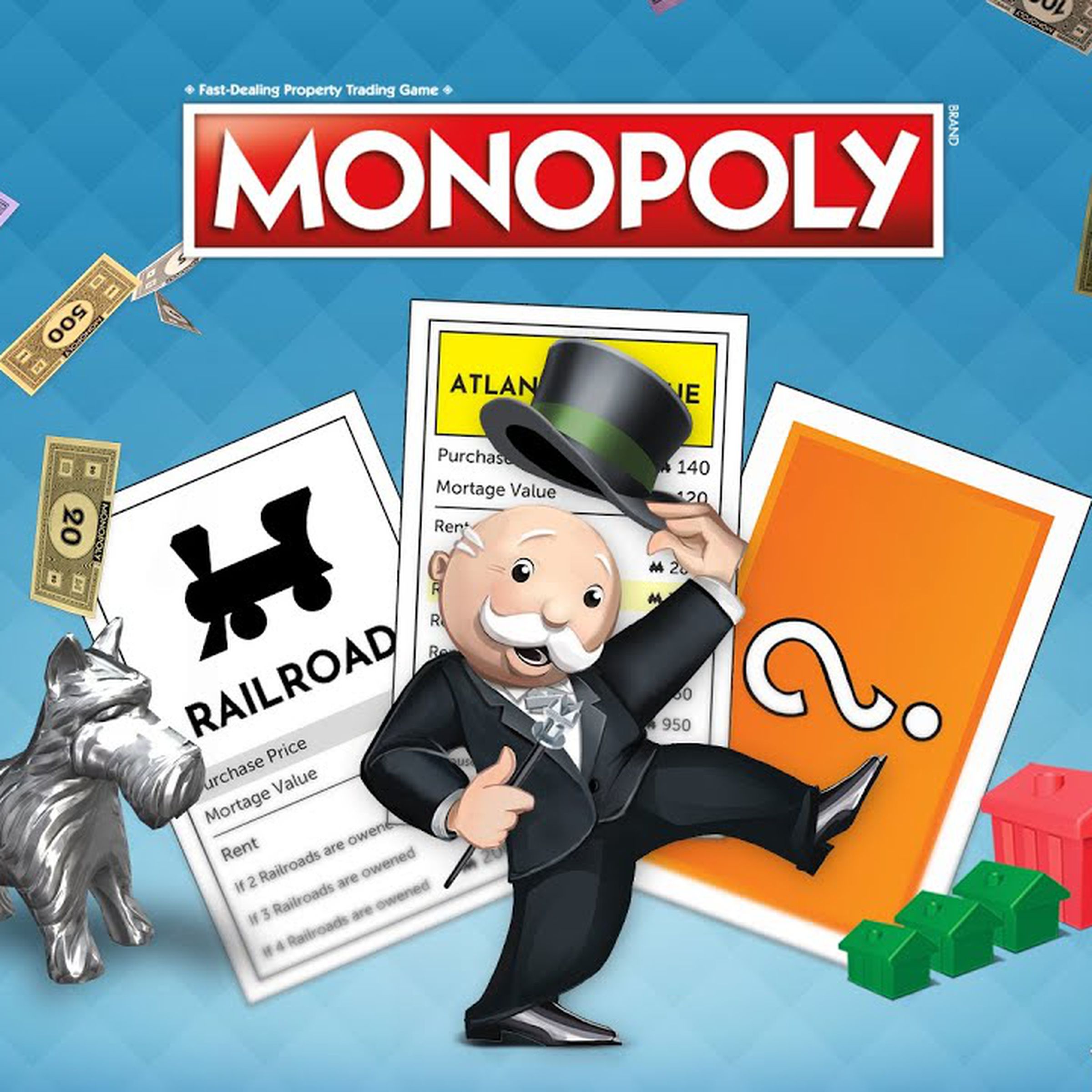 A cartoon illustration of a bald man in a tuxedo and top hat dancing in front of cards from the Monopoly board game.