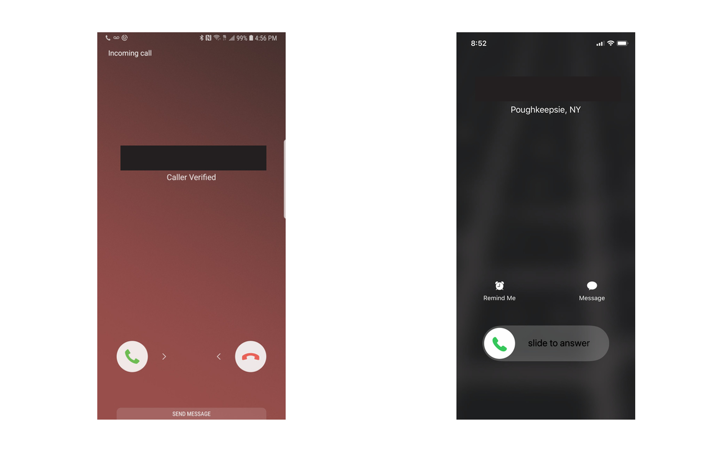 Left, a verified STIR/SHAKEN call on Android. Right, iOS.