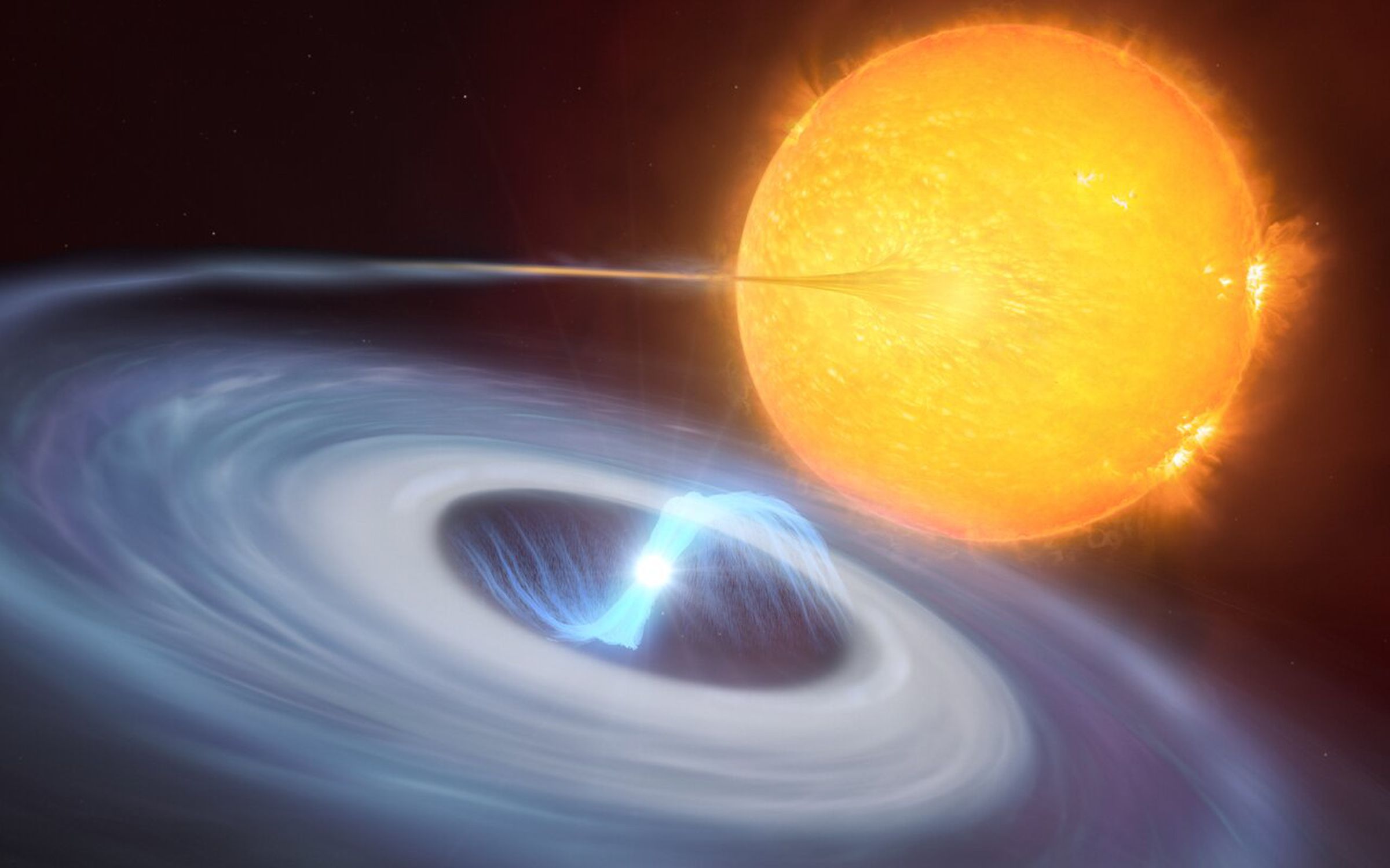 An artistic impression of a white dwarf in a binary system, where a micronova might occur.