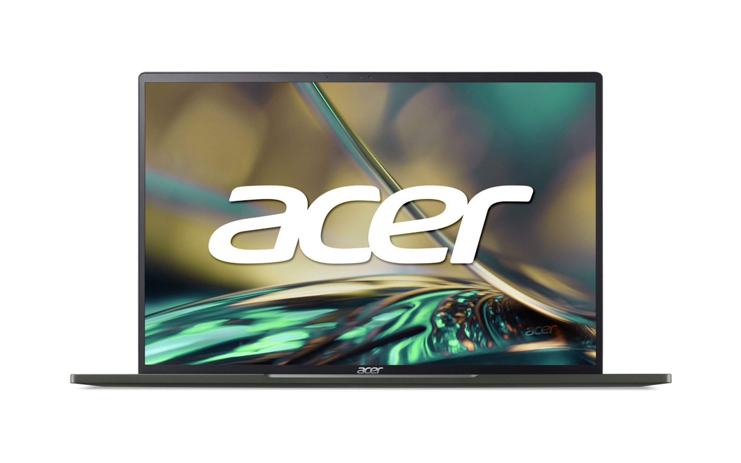 The Acer Swift Edge on a white background, open. The screen displays the Acer logo over running water.