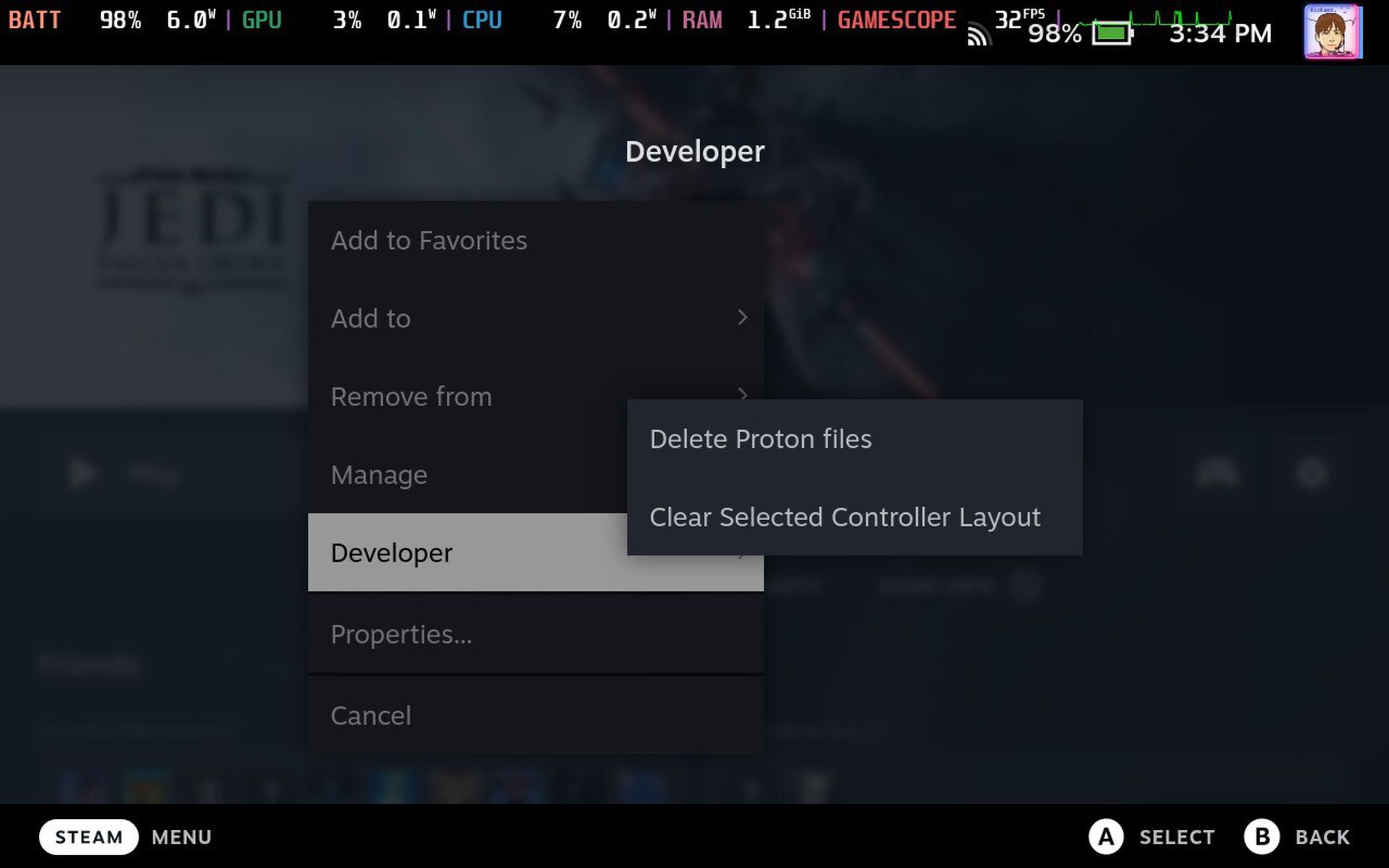 Developer &gt; Delete Proton Files is visible in a Steam Deck screenshot.