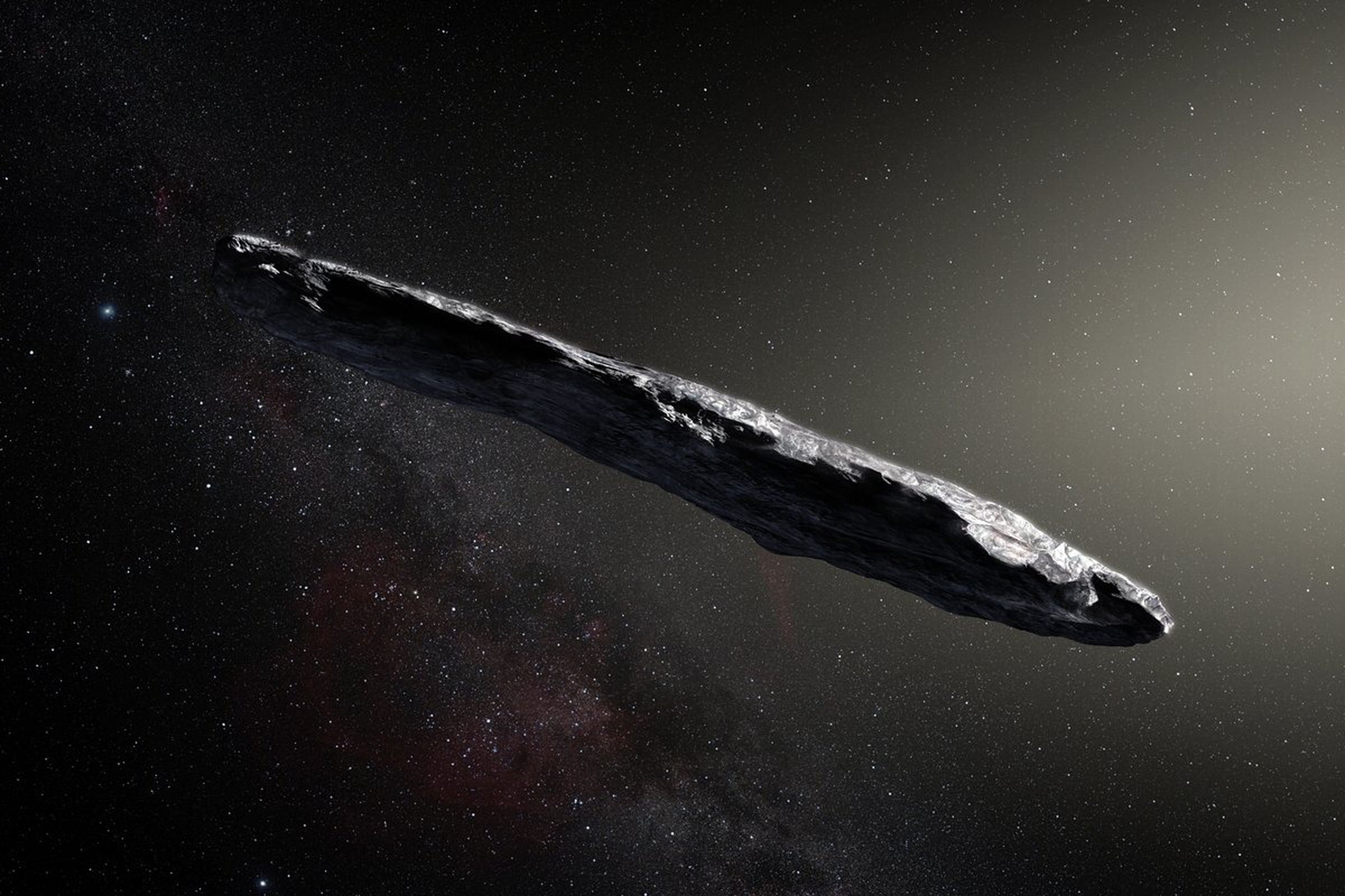 An artistic rendering of what `Oumuamua could look like, based on observations from Earth
