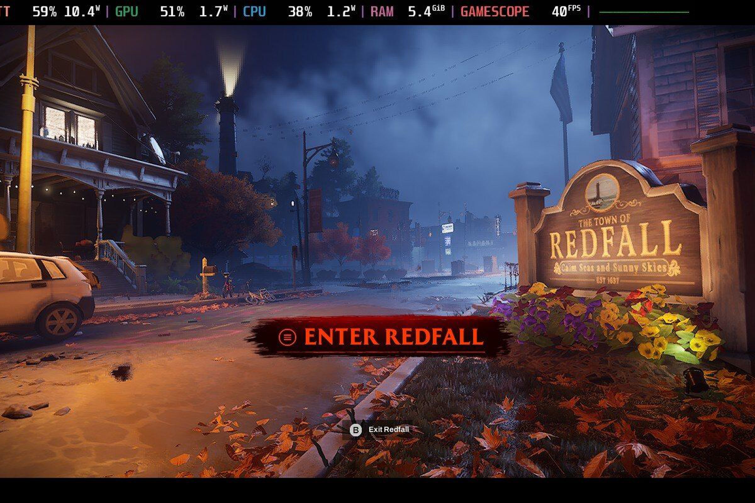 The Redfall intro screen, with the Steam Deck’s performance hud above it.