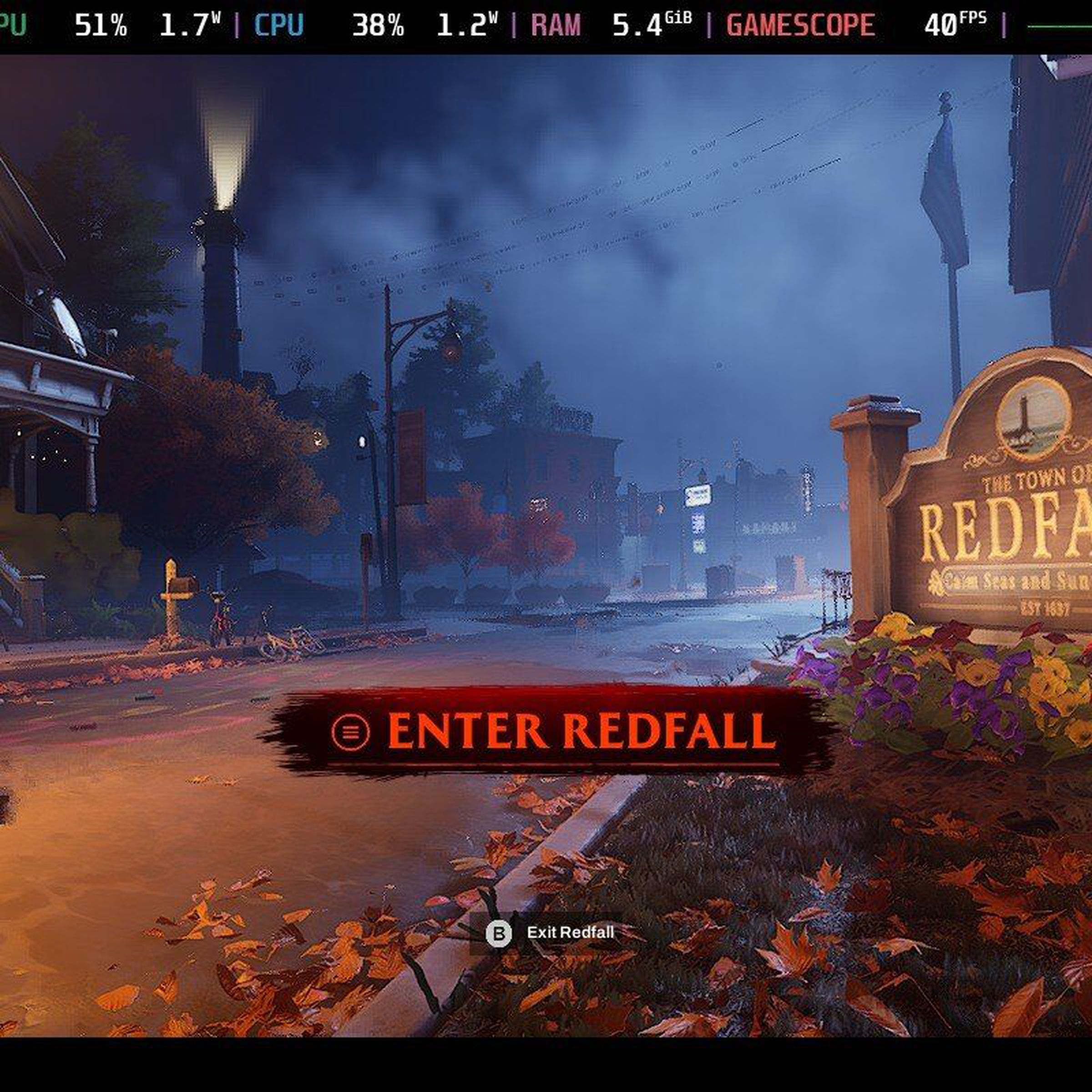 The Redfall intro screen, with the Steam Deck’s performance hud above it.