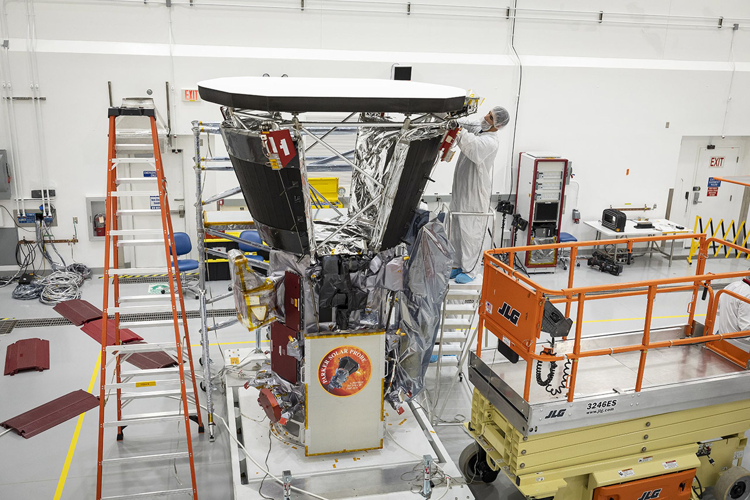 The Parker Solar Probe with its white heat shield mounted on top.