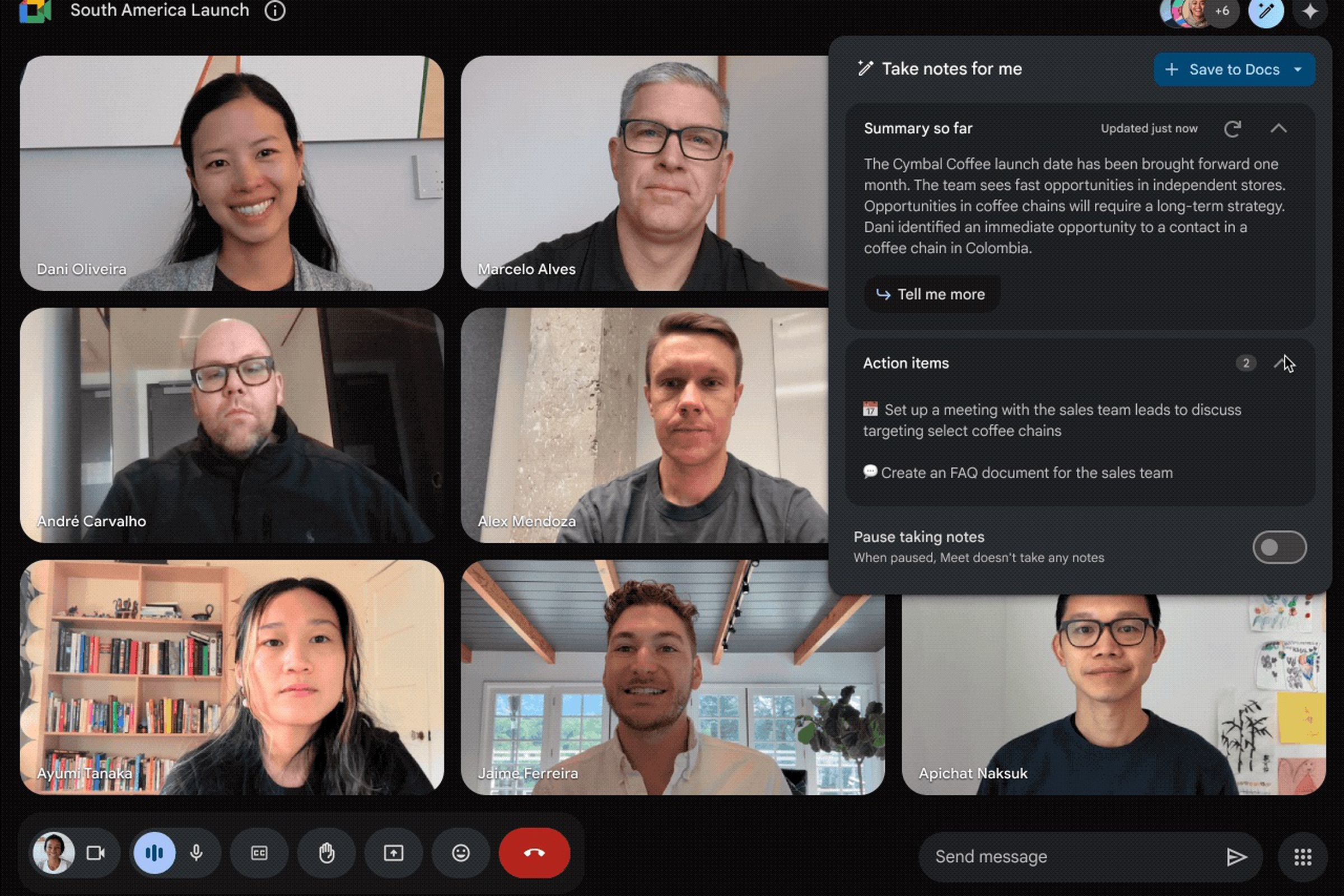 A screenshot of a Meet video call, with the “Take notes for me” menu enabled.
