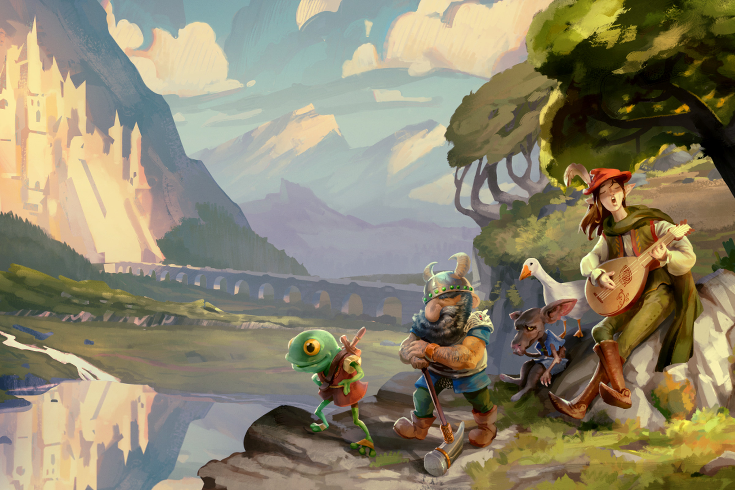 Key art for Dwarf Fortress’ Adventure Mode, featuring an adventuring party of a dwarf, an elf, a goblin, and a frog.