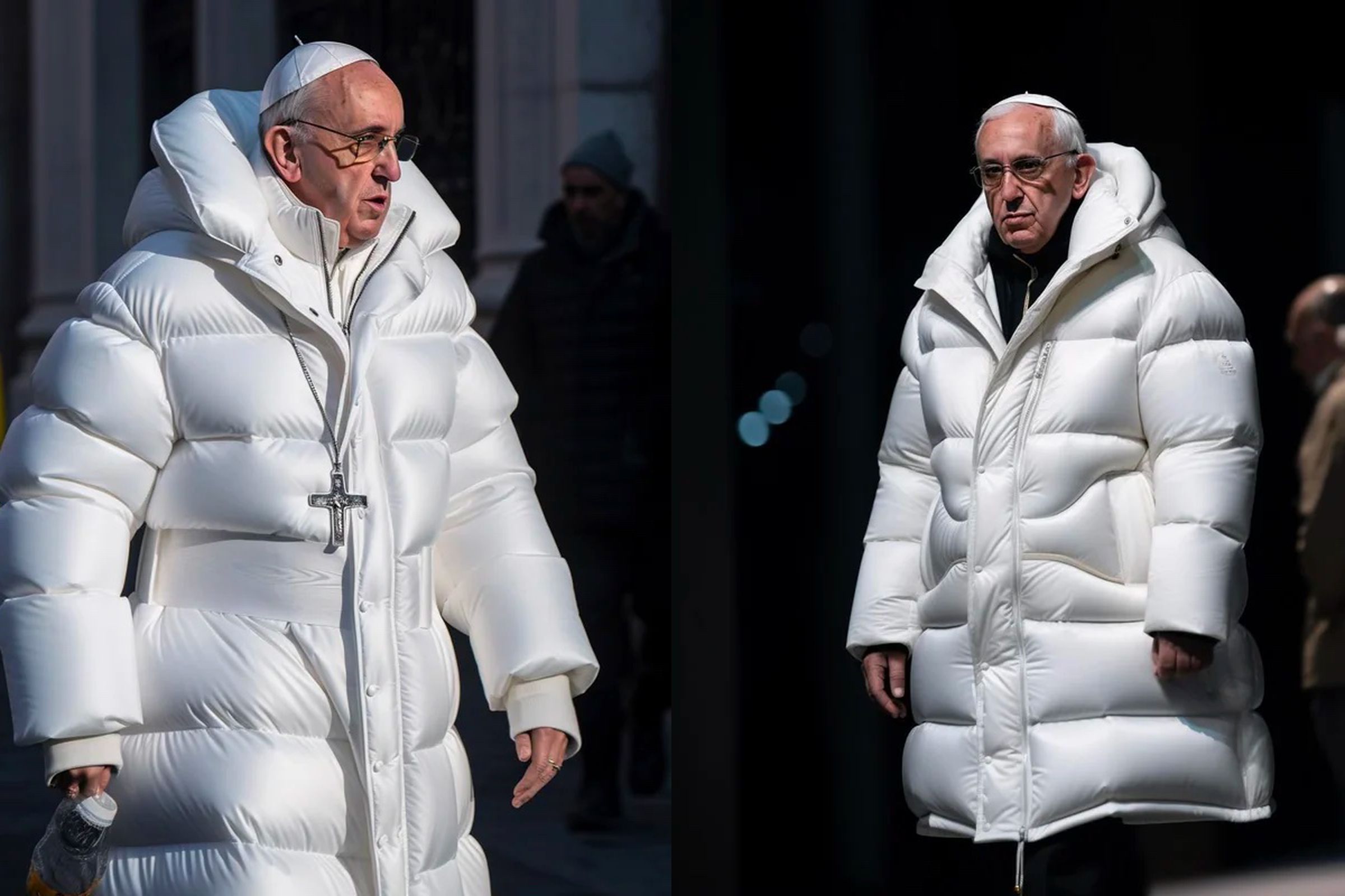 Two AI-generated images of the pope wearing a white puffy jacket.