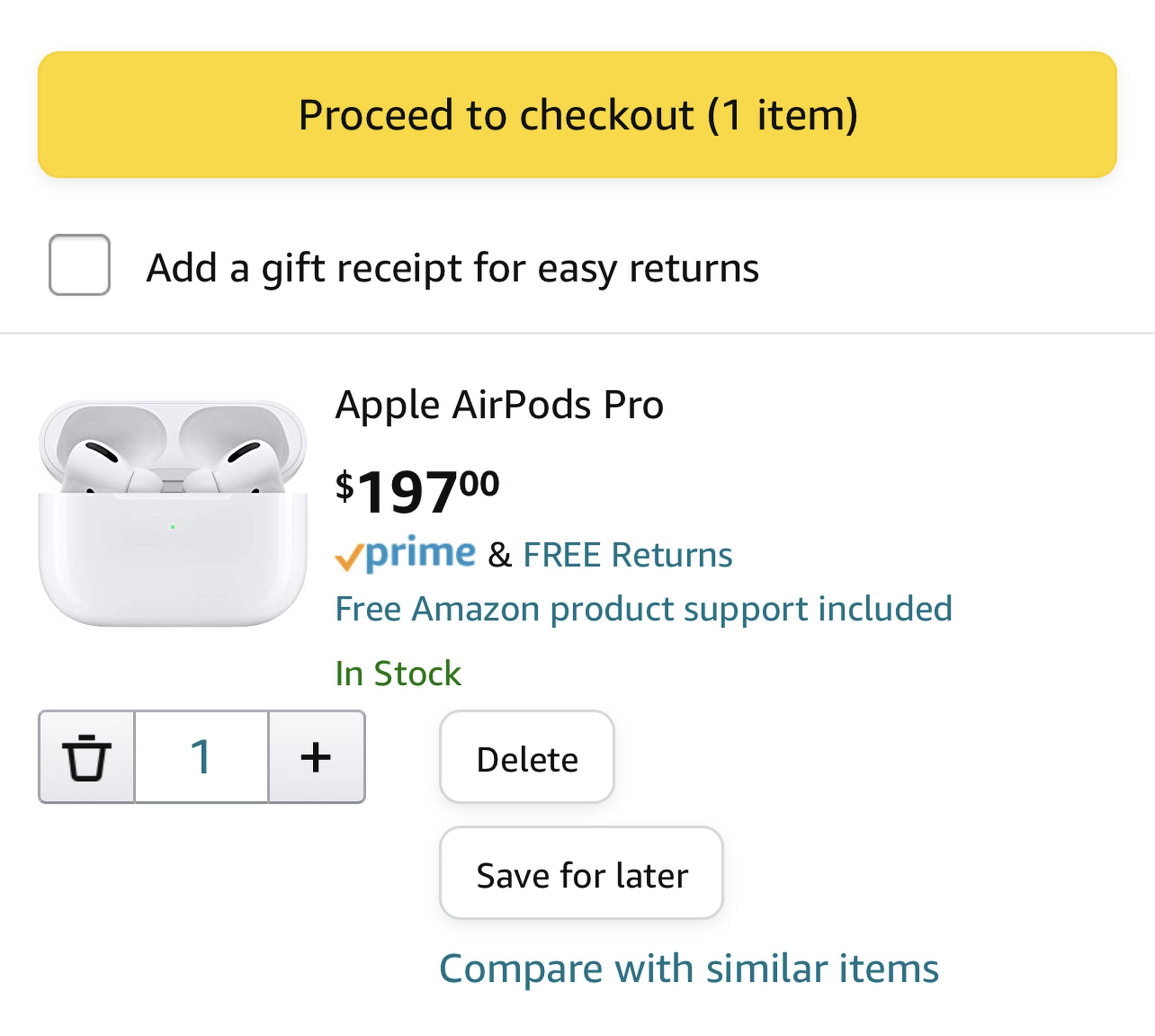 The “checkout” button in an Amazon cart that has Airpods Pro in it