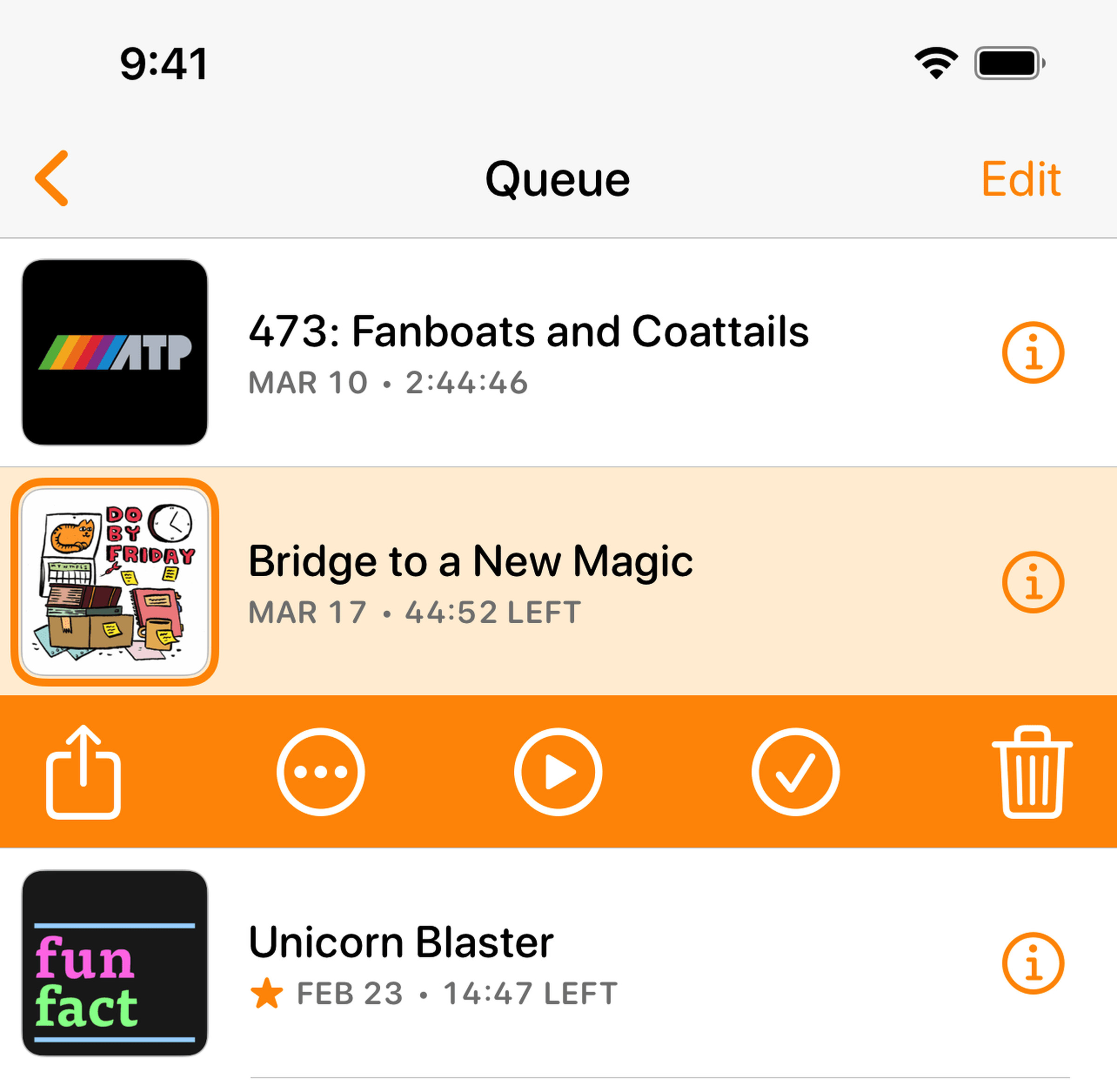 A list of podcasts in a playlist, showing off the font and menu updates.