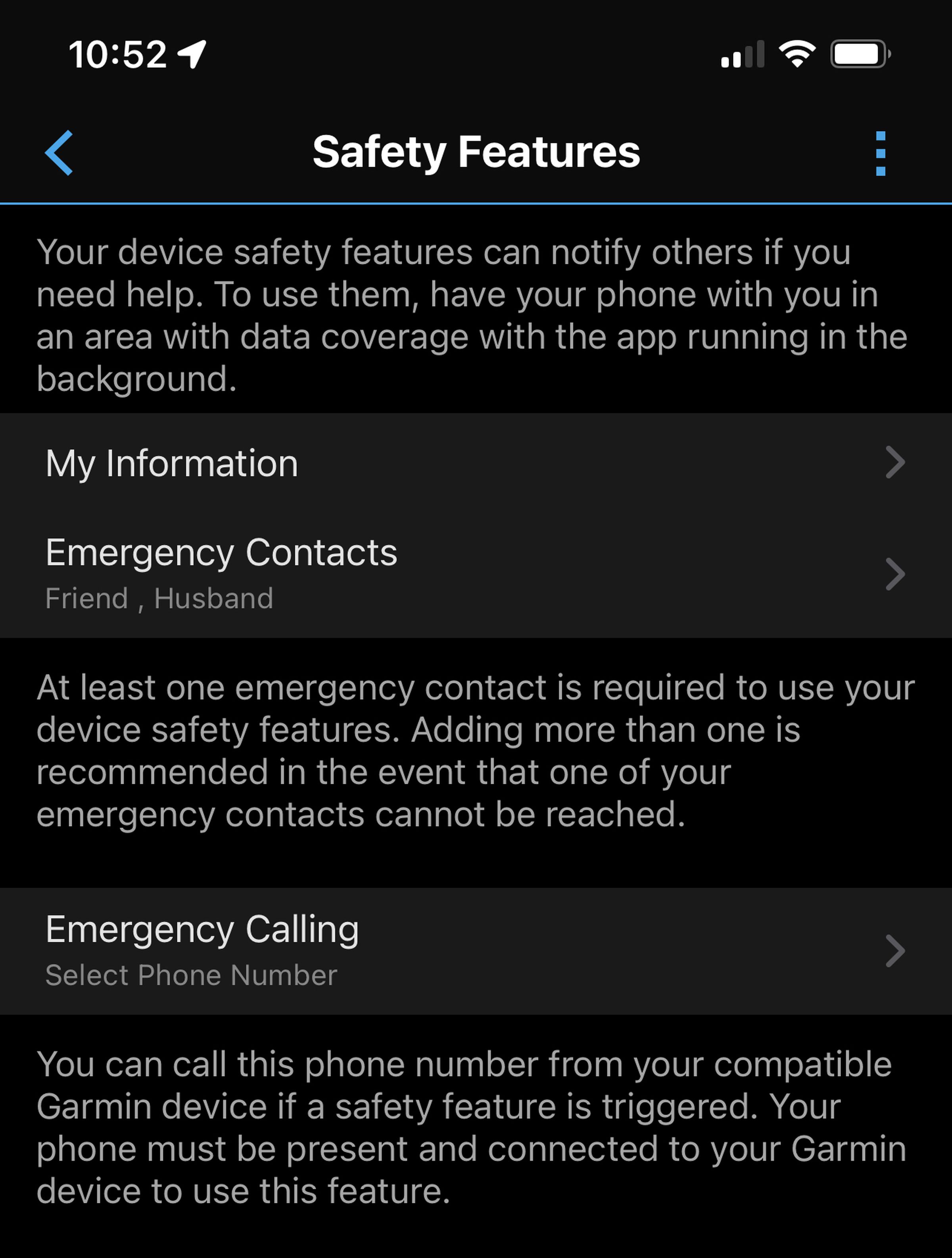 The Safety Features menu in the Garmin Connect app.