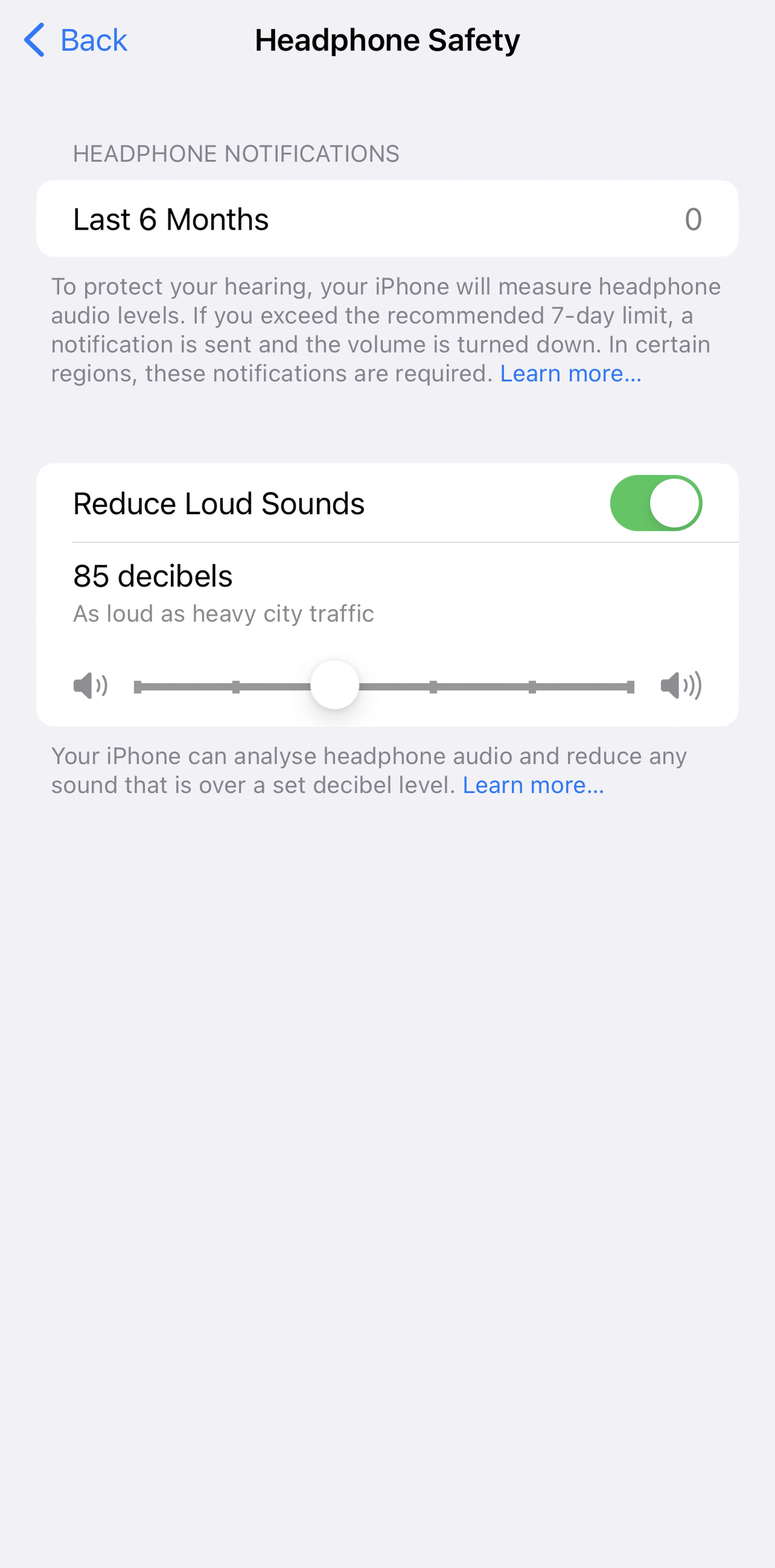 Headphone safety on top of screenshot, then headphone notification last 6 months reads 0, and under that reduce loud sounds is toggled on.
