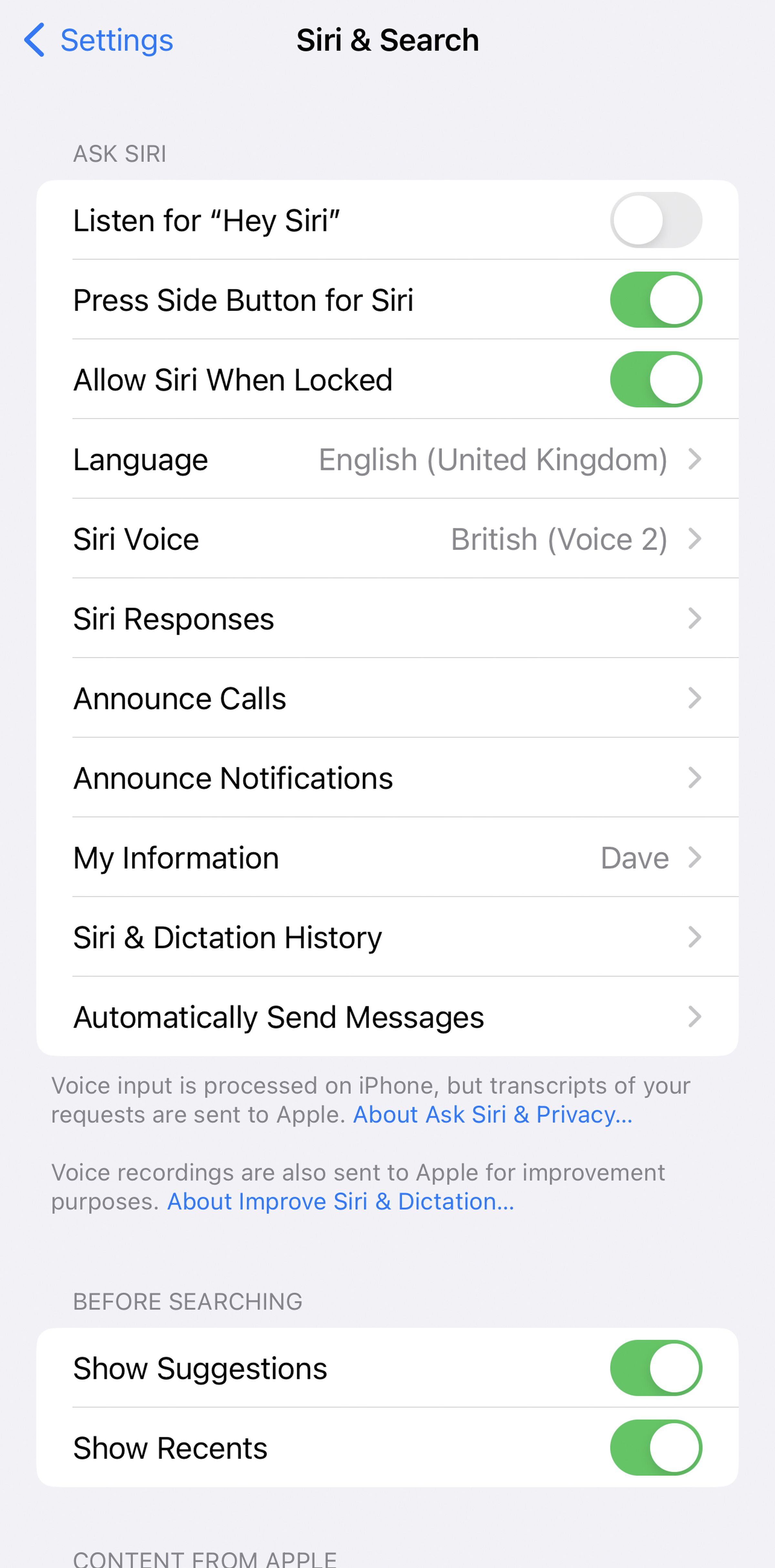 tech news Siri & Search page with a list of options including Listen to Hey Siri, Press Side Button for Siri, and Allow Siri When Locked, plus others.