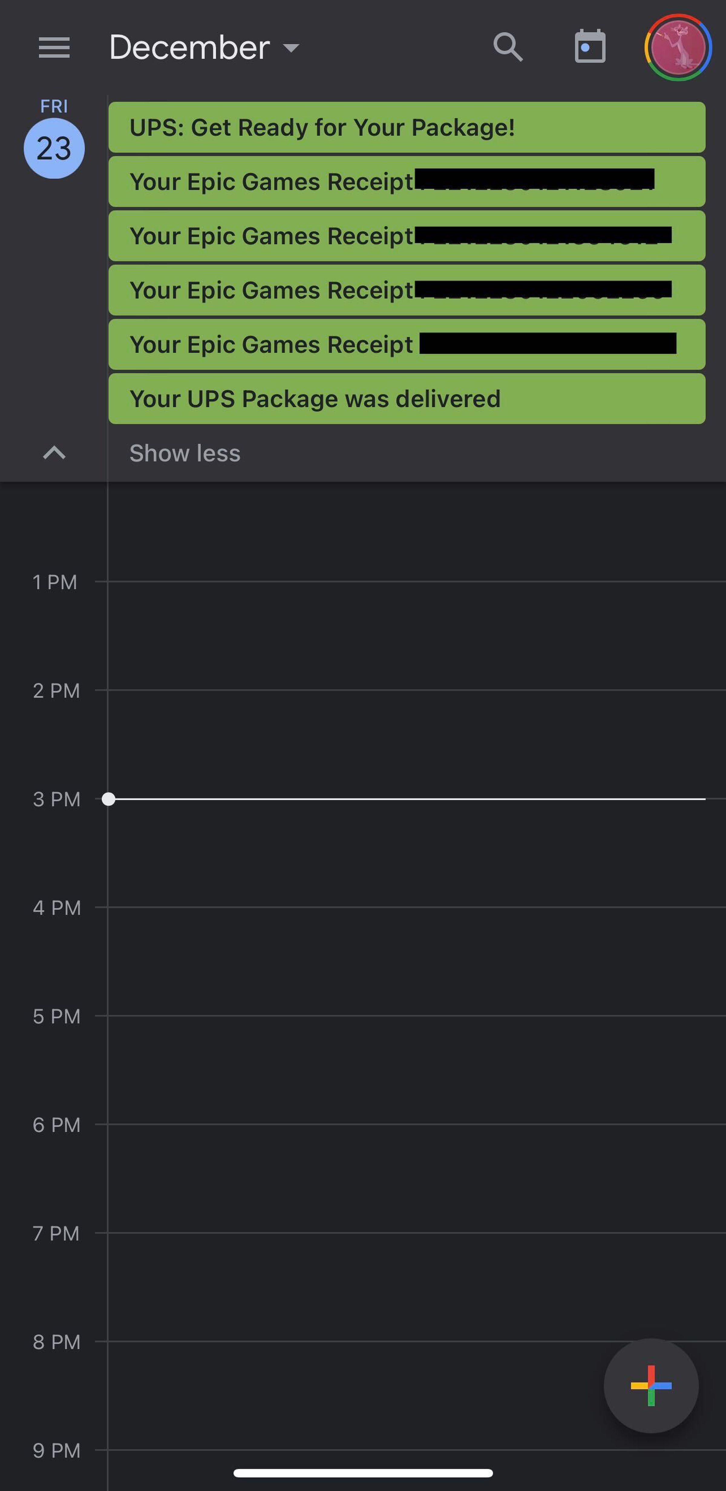 A screenshot of the Google Calendar app in dark mode. The day of December 23rd has four all-day events titled Your Epic Games Receipt, one titled Your UPS Package Was Delivered, and one titled UPS: Get Ready For Your Package.