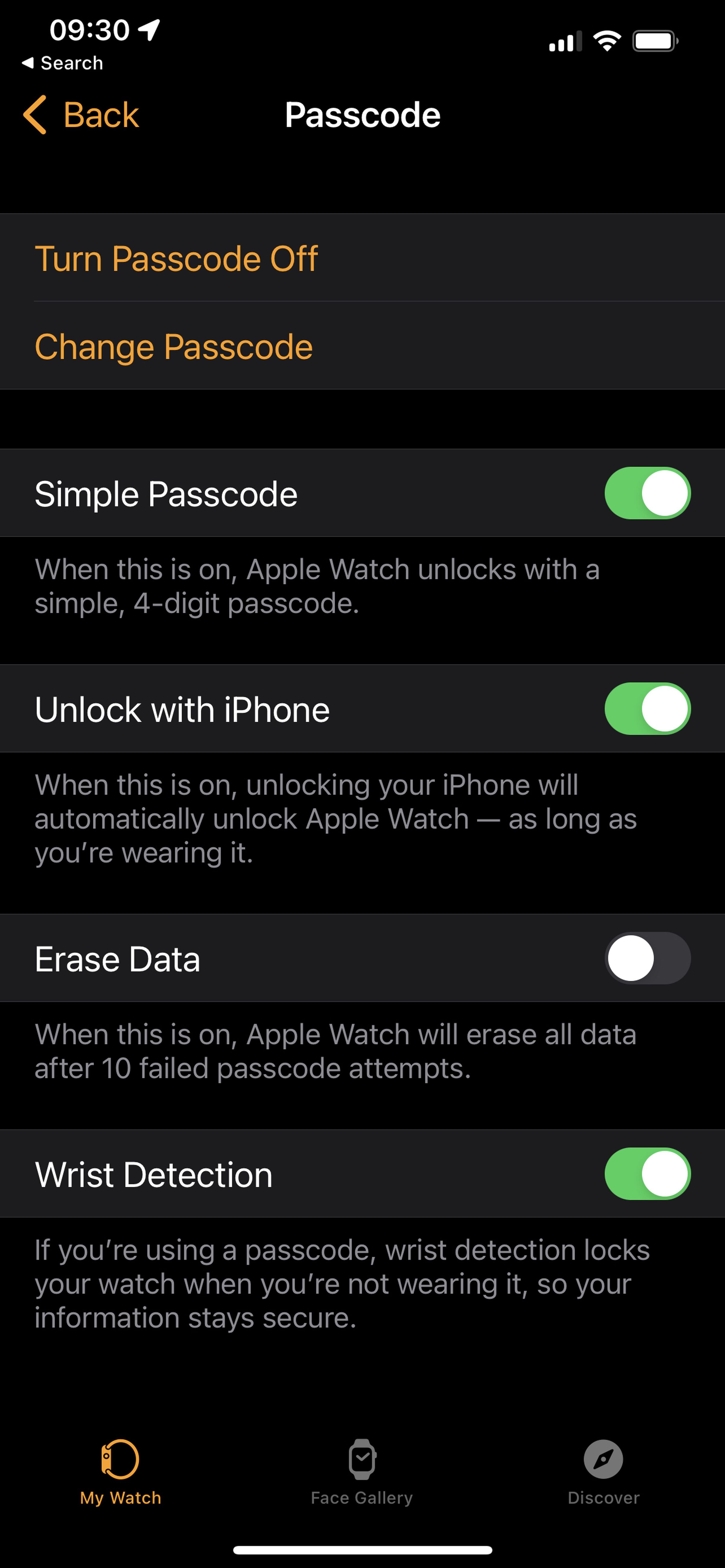 The Passcode menu in your iPhone’s Watch app