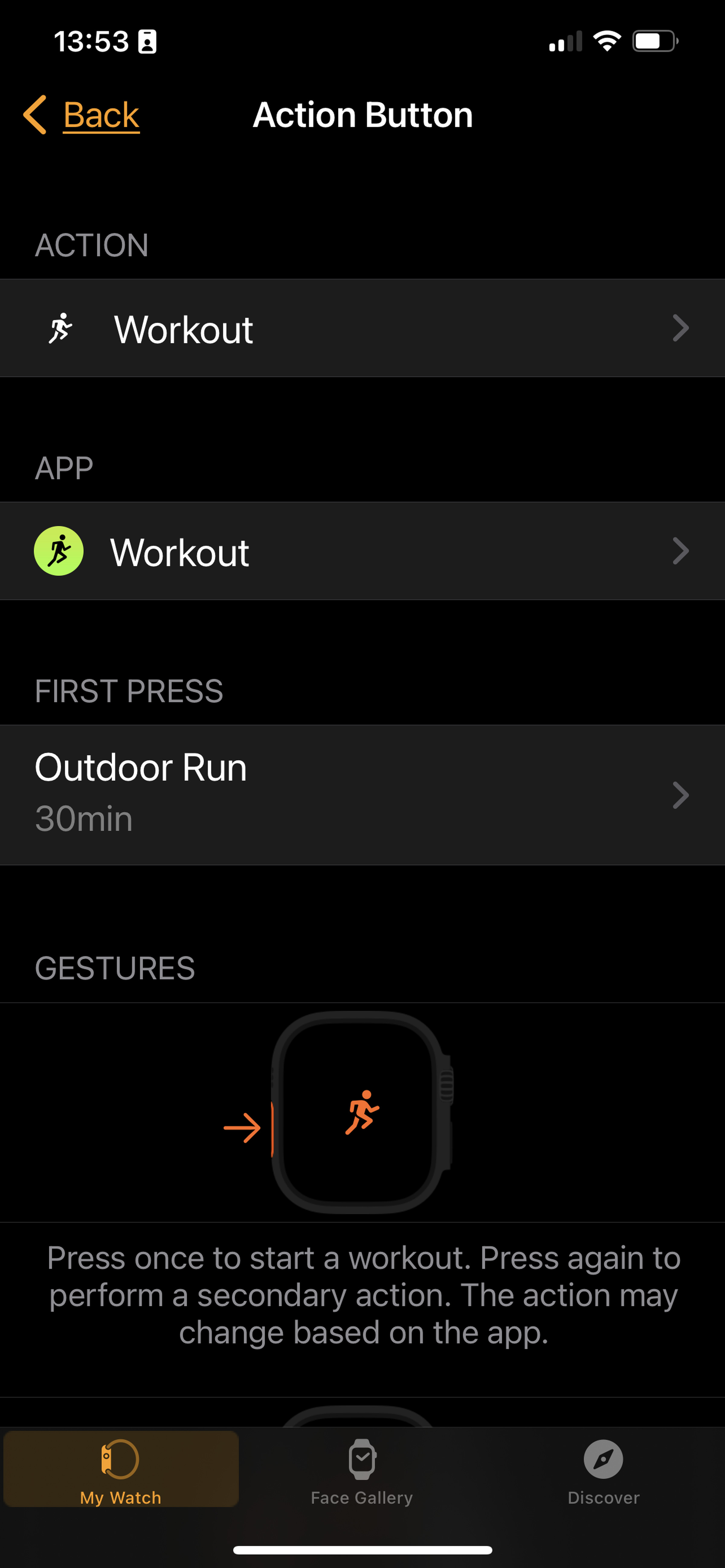 Screenshot of top half of Action button menu for the Workout action showing Action, App, First Press and Gestures