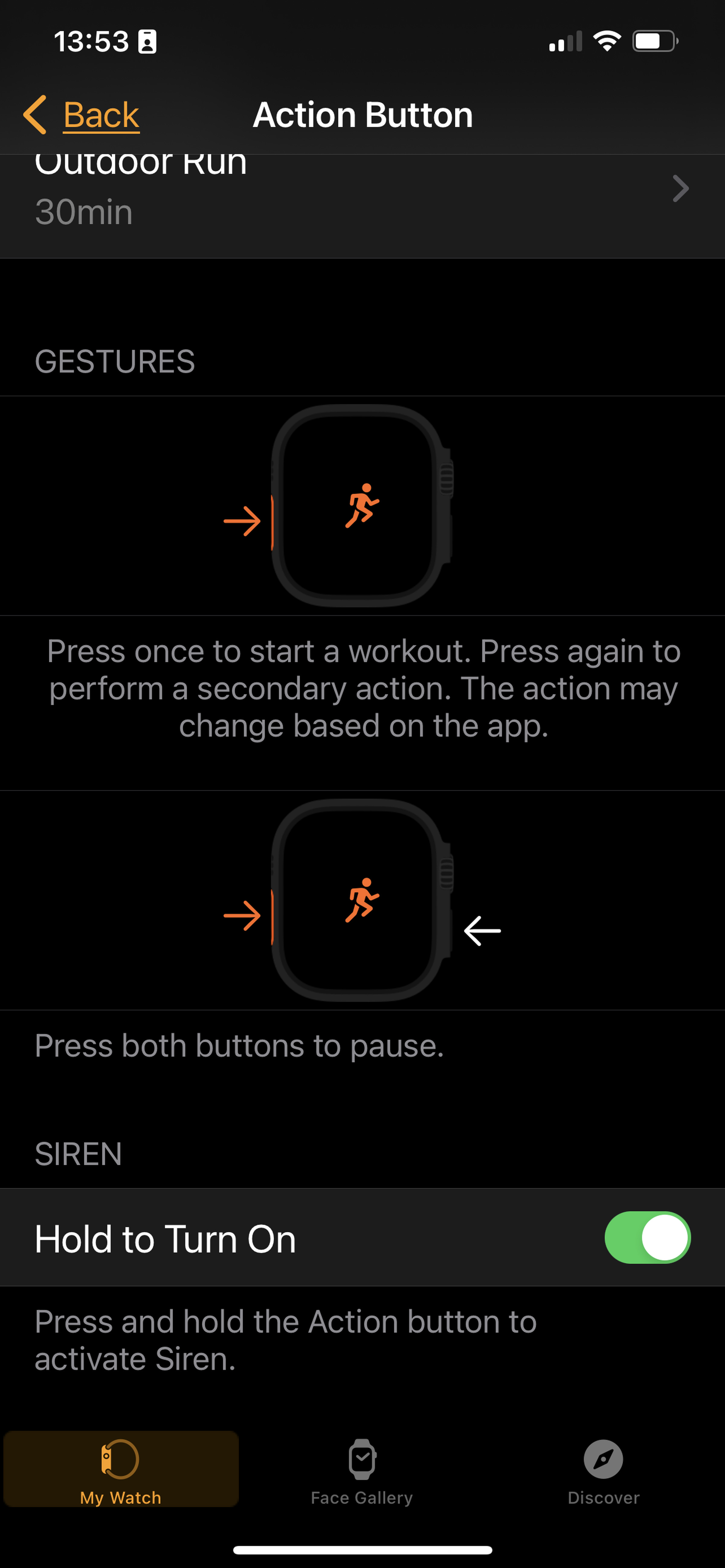 Second half of the Action Button menu showing Gestures and the Siren toggle