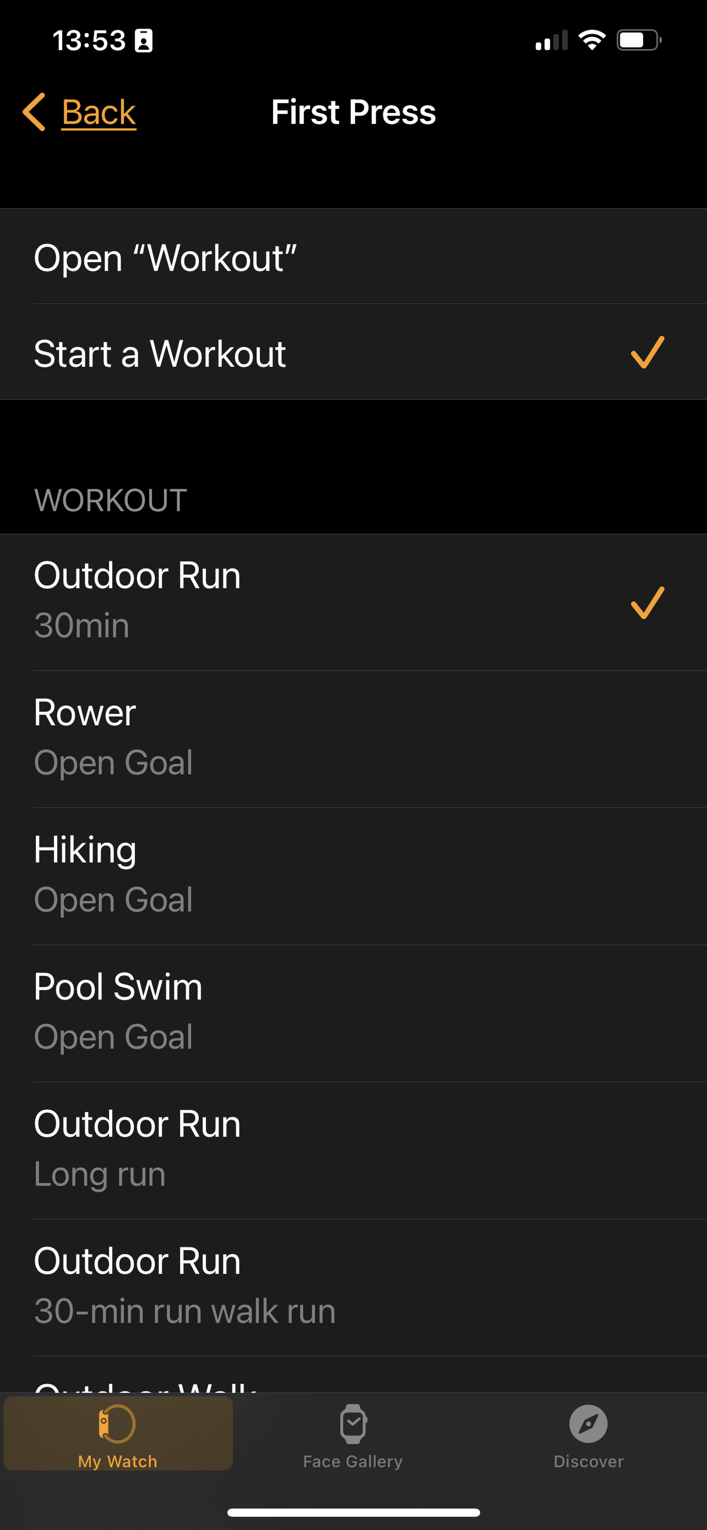Screenshot of the available list of workouts once the Start a Workout option has been selected