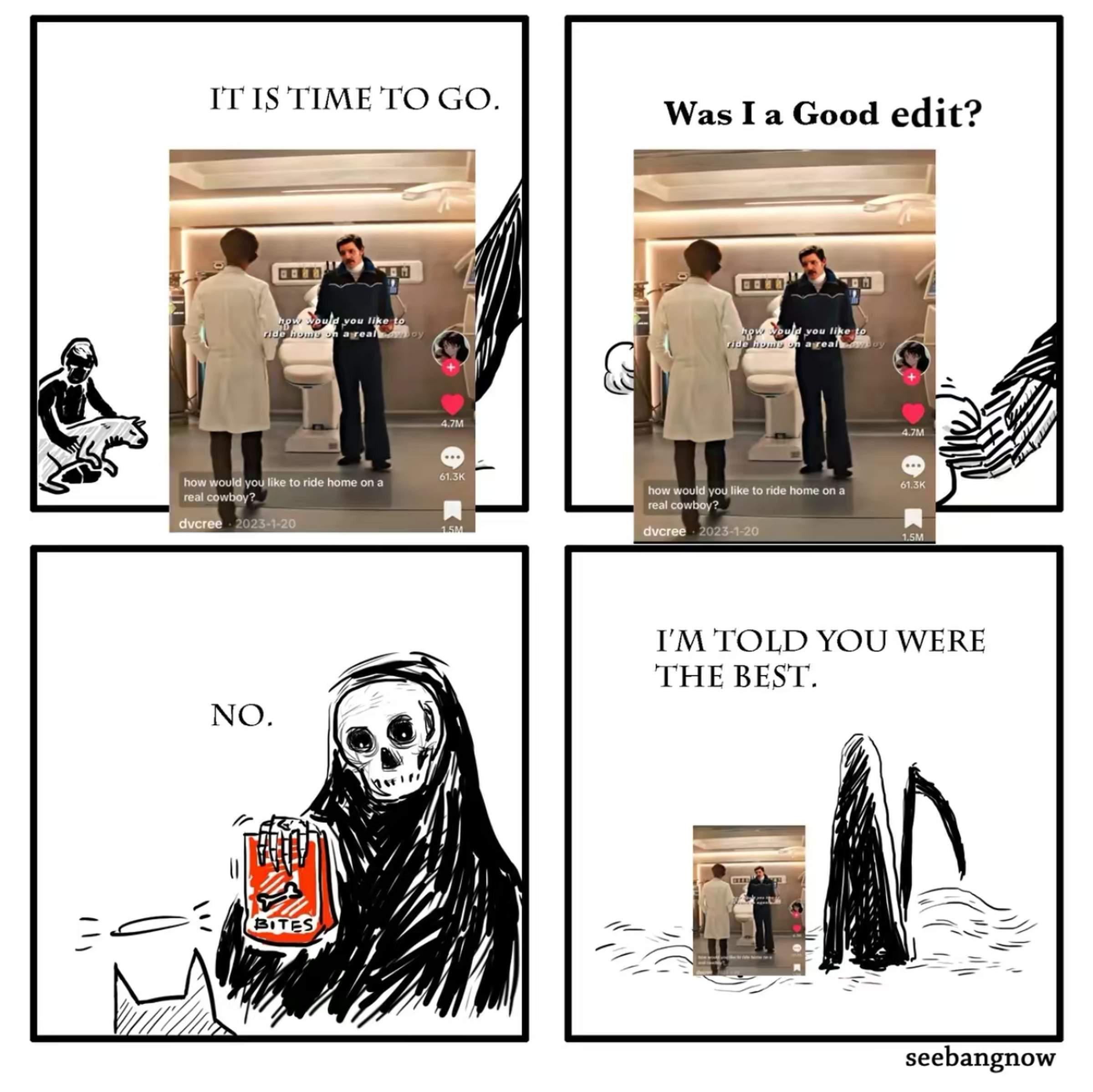 A four-panel meme of the grim reaper taking the popular Pedro Pascal fan edit to the afterlife.
